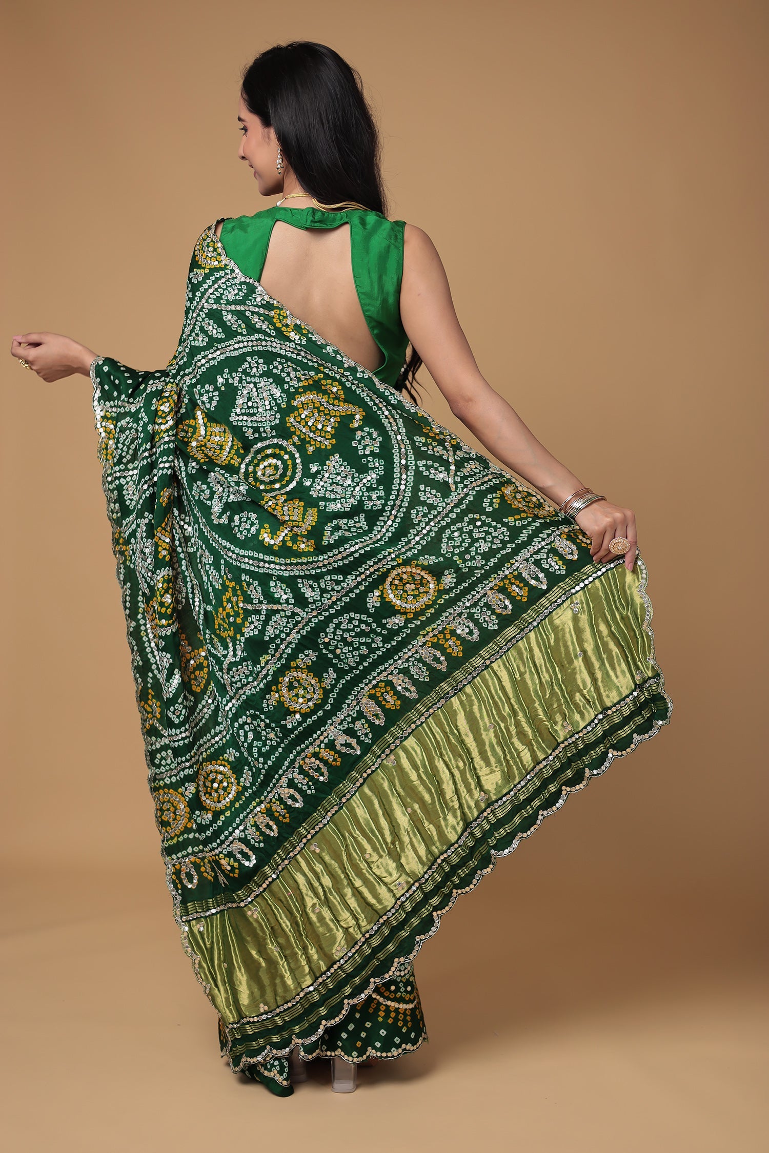 Bandhej Gajji Silk Saree with Dori and Gota Patti work