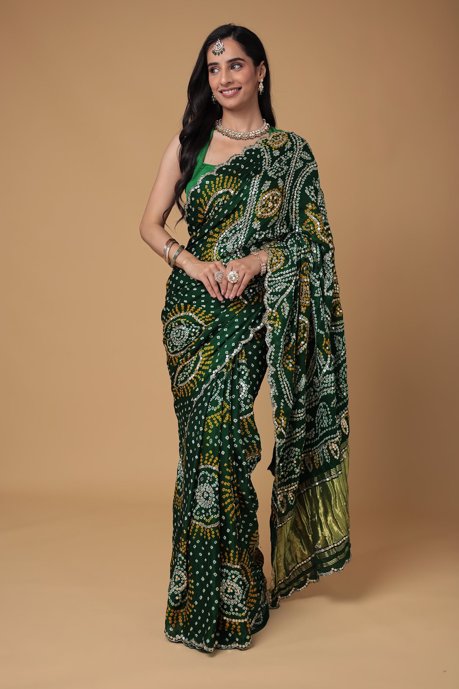 Bandhej Gajji Silk Saree with Dori and Gota Patti work