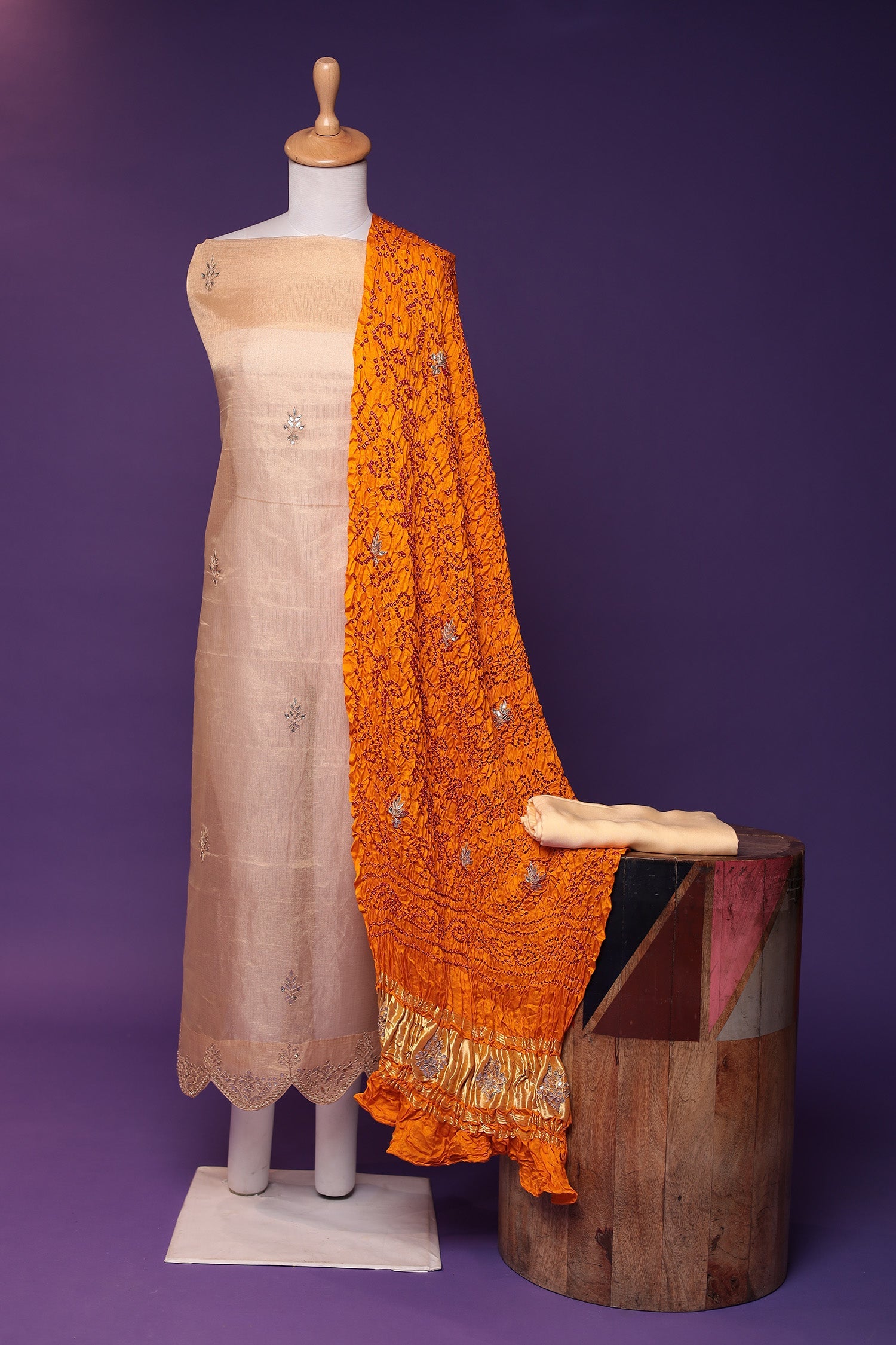 Bandhej Tissue Unstitched Suit with Gota Patti work