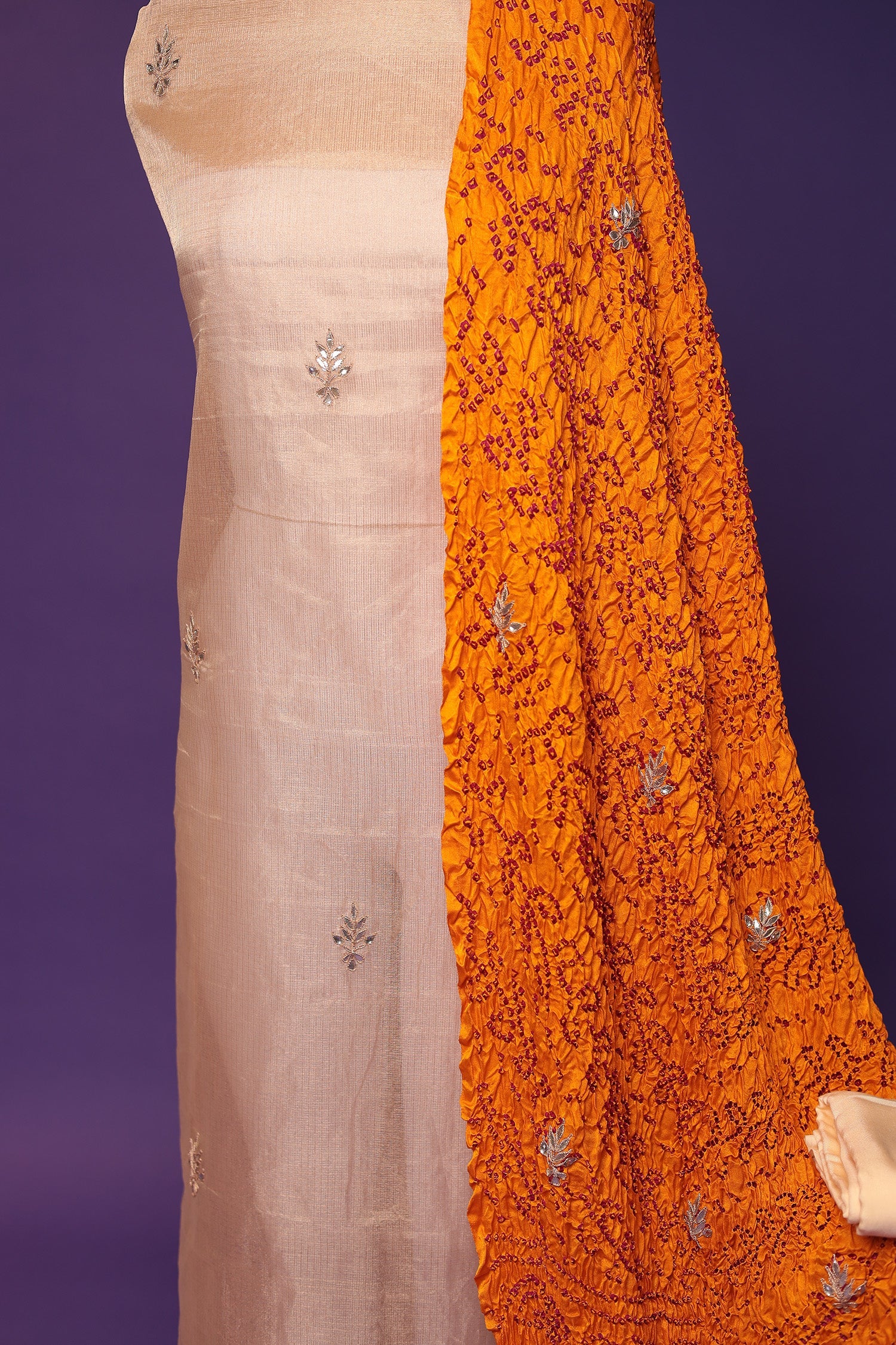 Bandhej Tissue Unstitched Suit with Gota Patti work