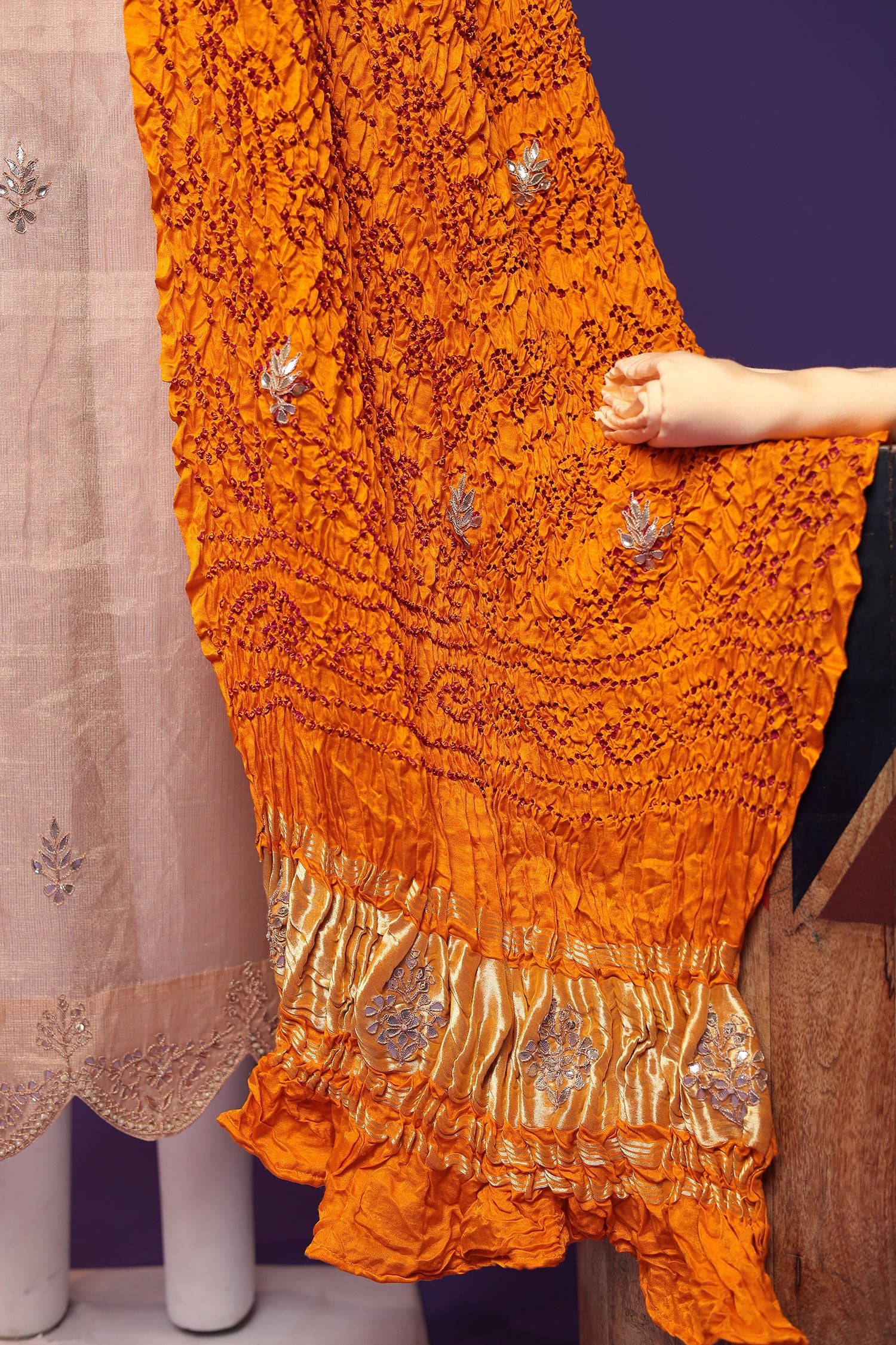 Bandhej Tissue Unstitched Suit with Gota Patti work