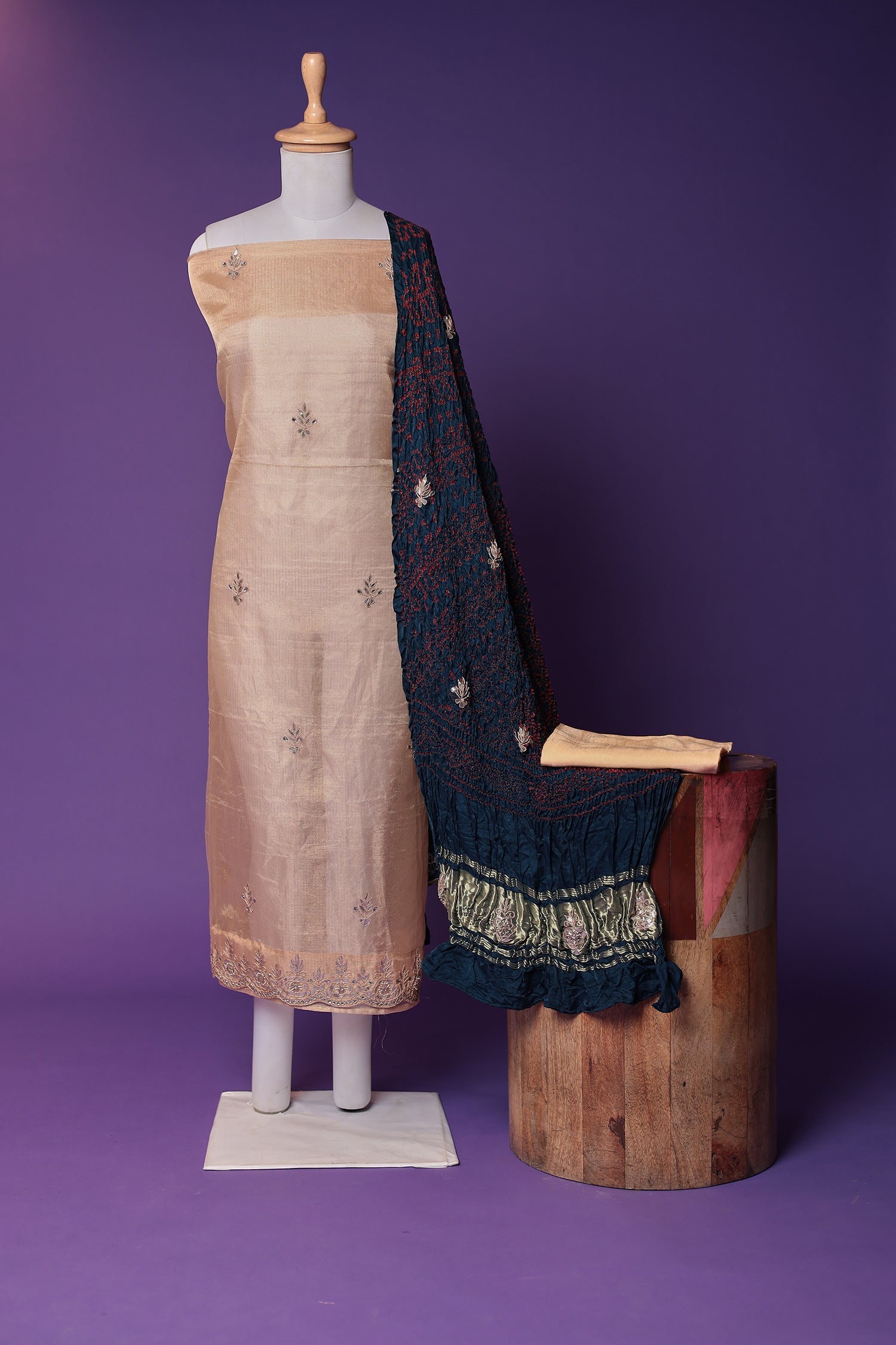 Bandhej Tissue Unstitched Suit with Gota Patti work