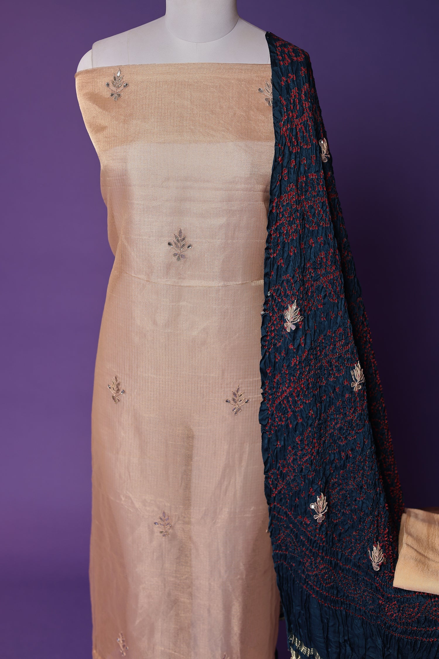 Bandhej Tissue Unstitched Suit with Gota Patti work