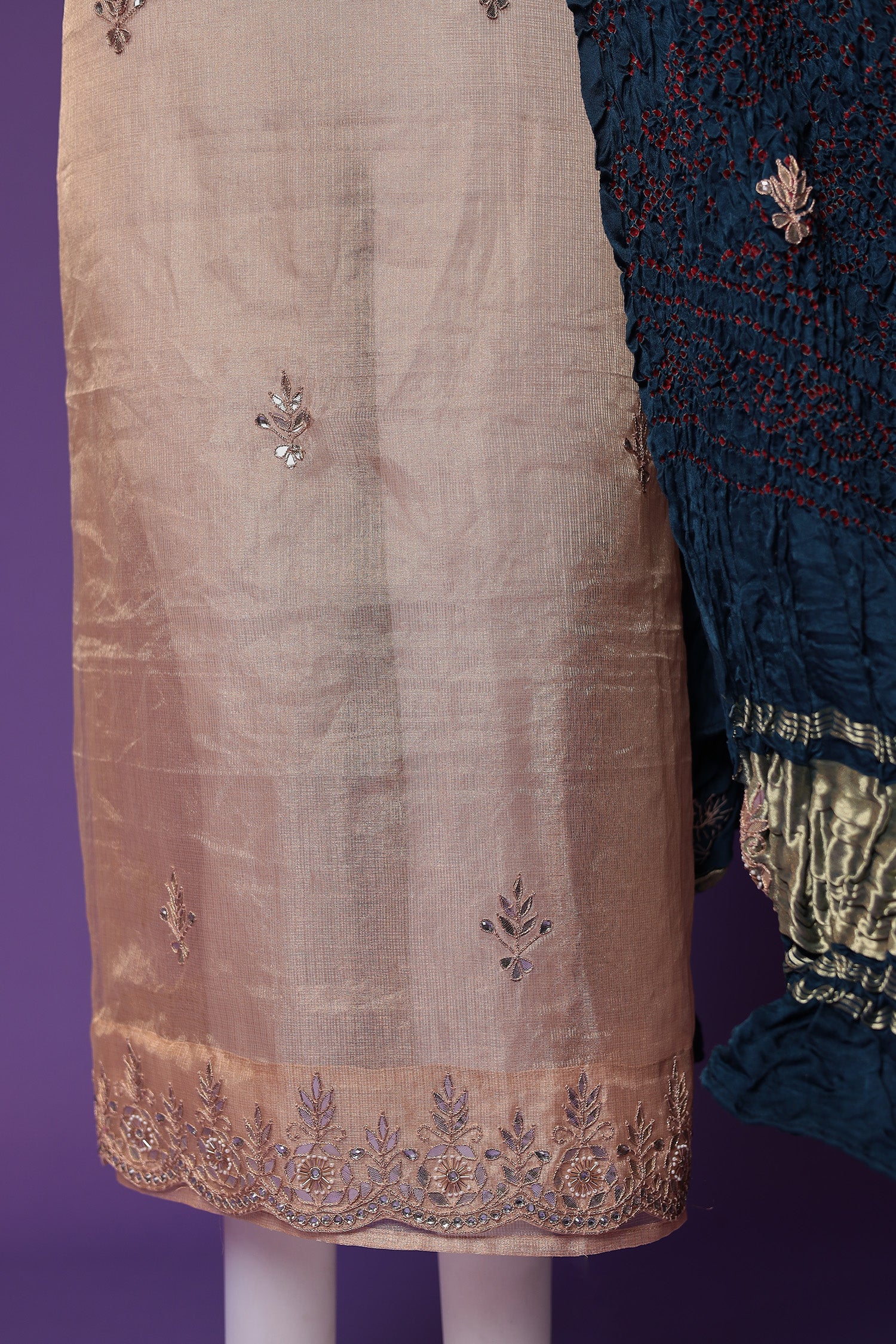 Bandhej Tissue Unstitched Suit with Gota Patti work