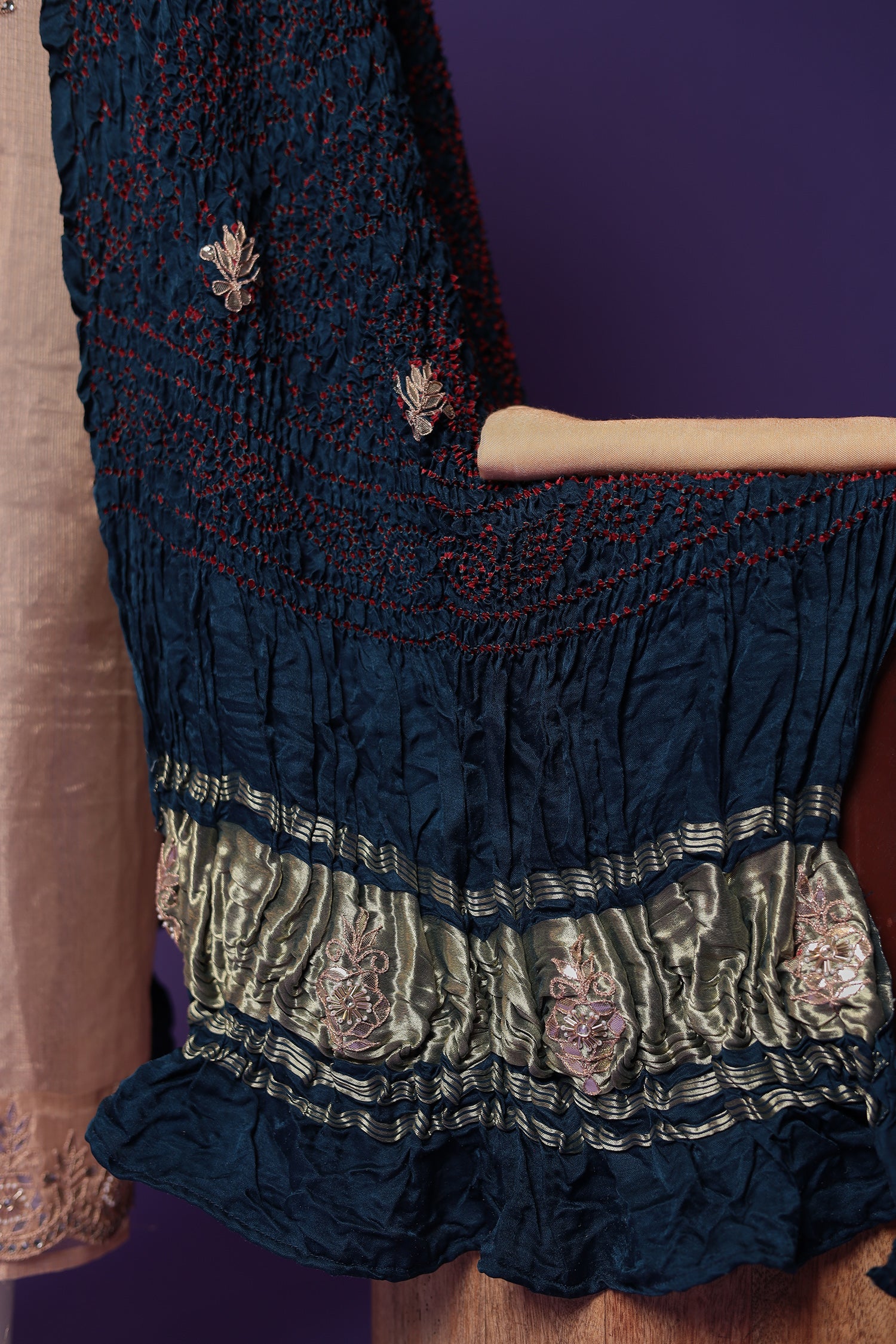 Bandhej Tissue Unstitched Suit with Gota Patti work