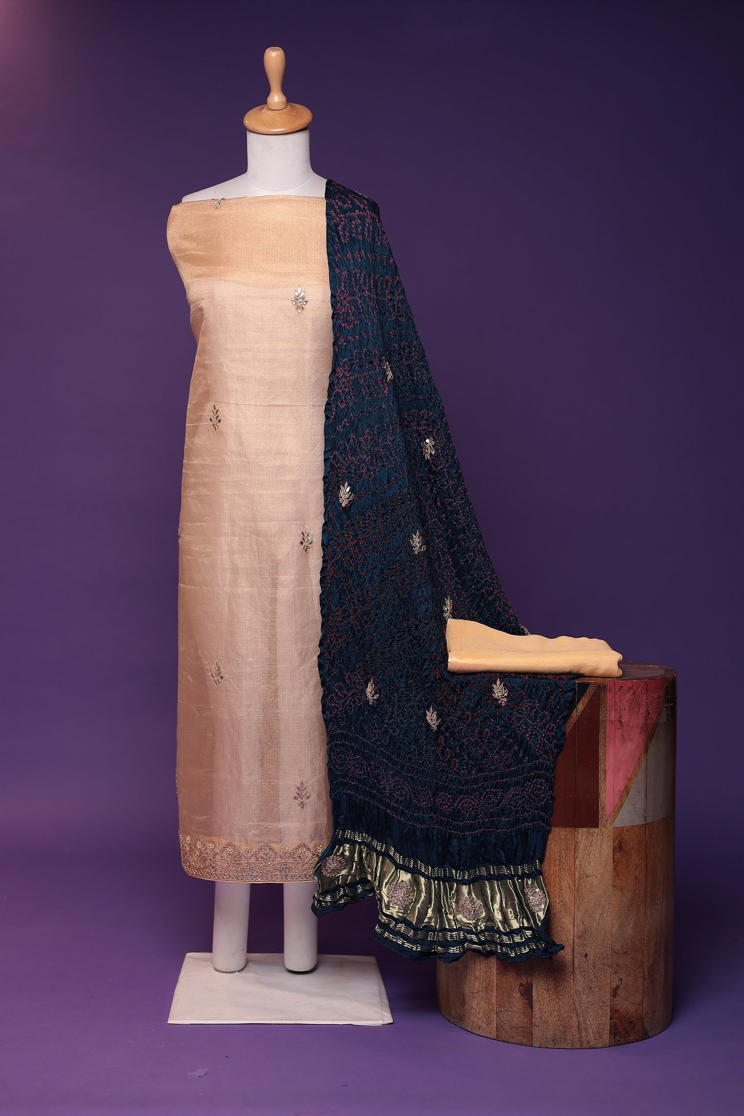 Bandhej Tissue Unstitched Suit with Dori and Gota Patti work