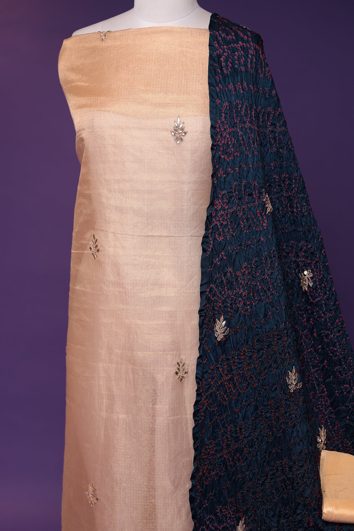 Bandhej Tissue Unstitched Suit with Dori and Gota Patti work