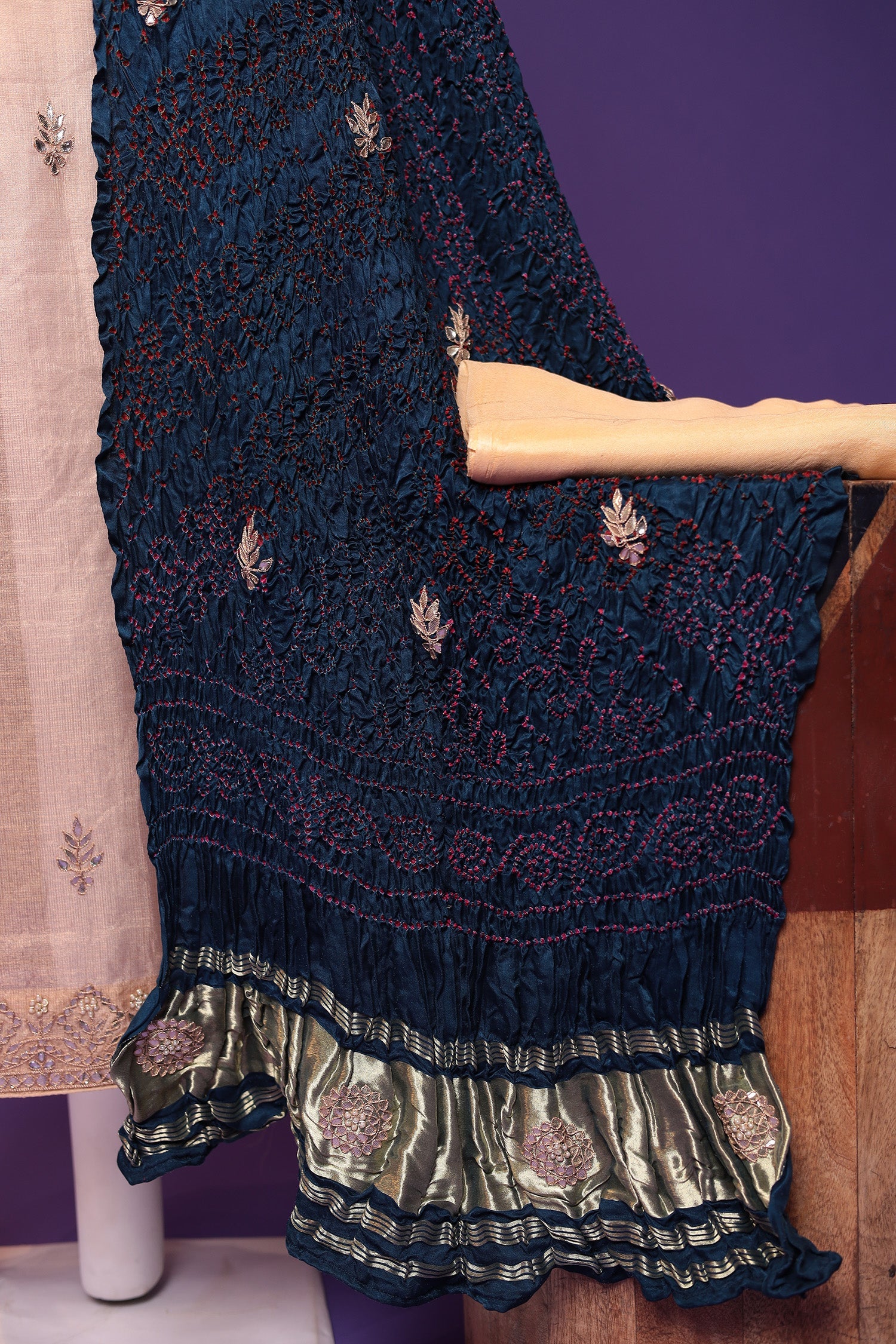 Bandhej Tissue Unstitched Suit with Dori and Gota Patti work