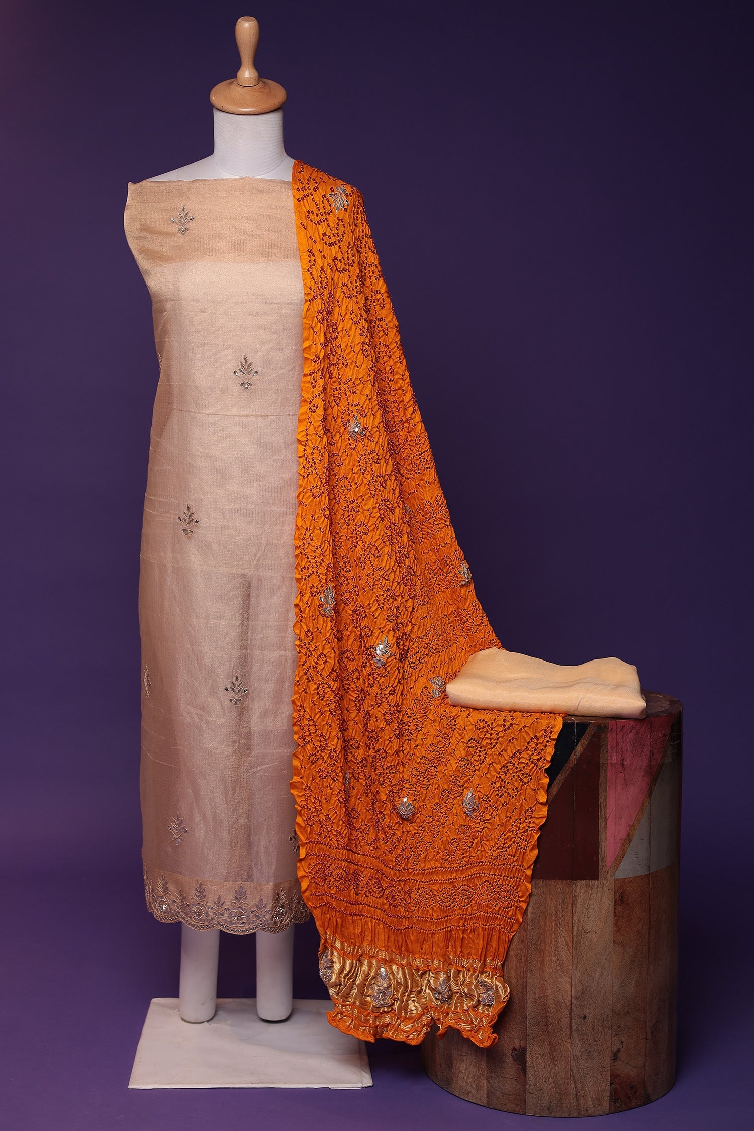 Tissue Unstitched Suit with Dori, Gota Patti and Pearl work.