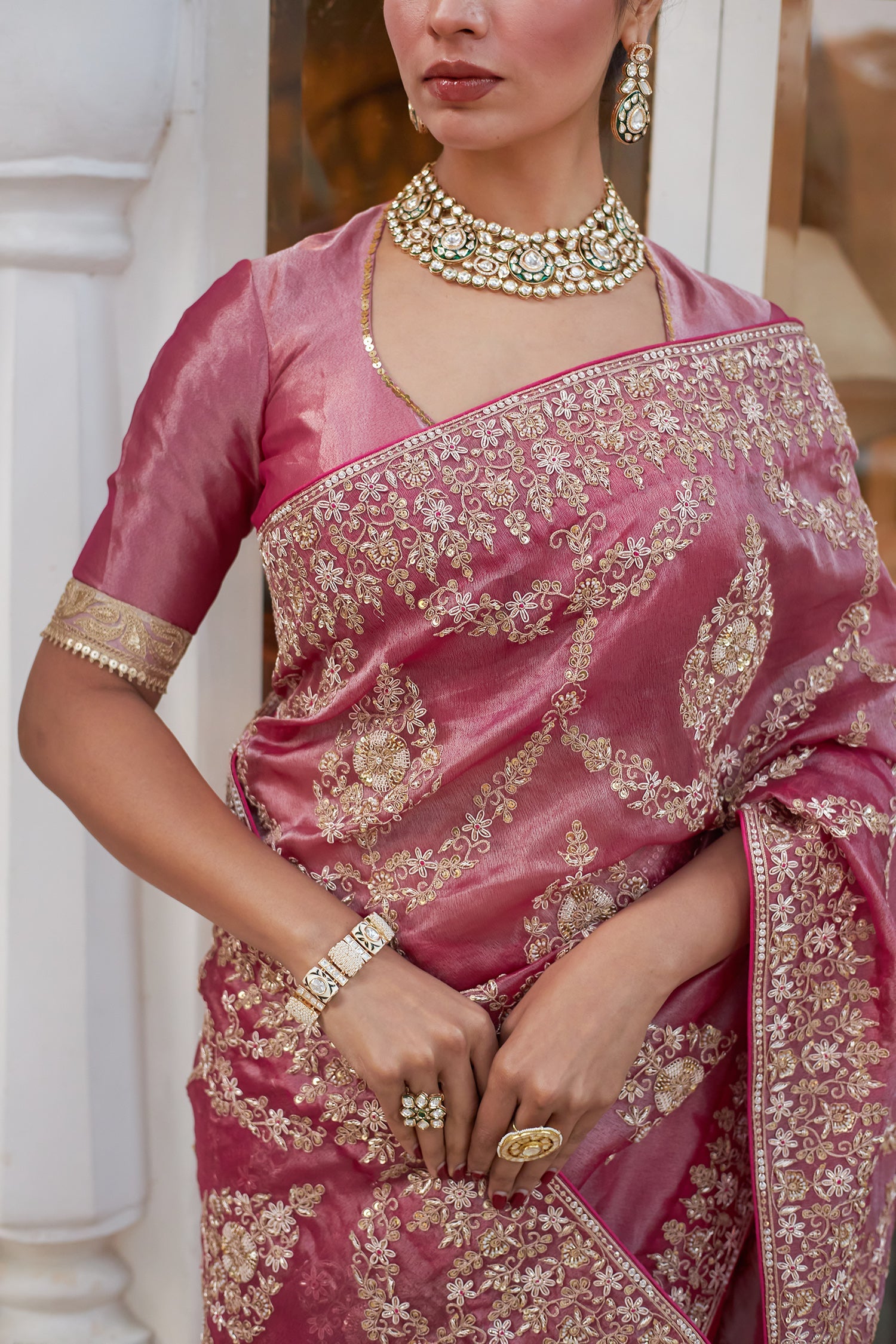 Bridal Tissue Saree with Dori and Zardozi work