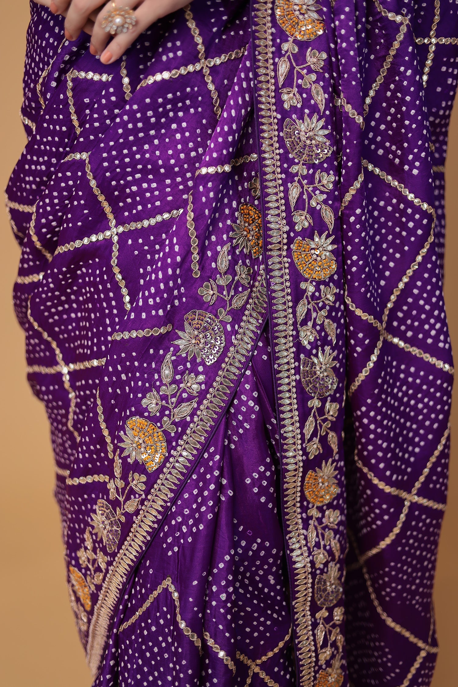 Bandhej Gajji Silk Saree with Gota Patti, Thread and Zardozi work