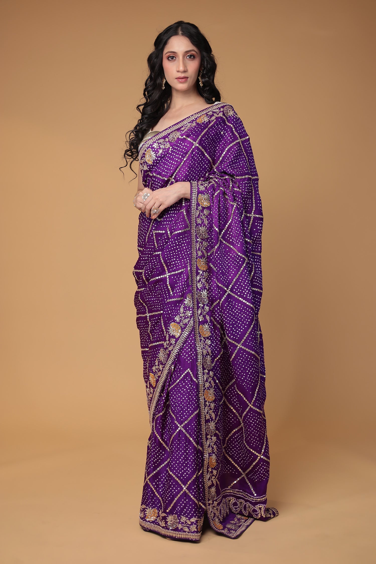 Bandhej Gajji Silk Saree with Gota Patti, Thread and Zardozi work