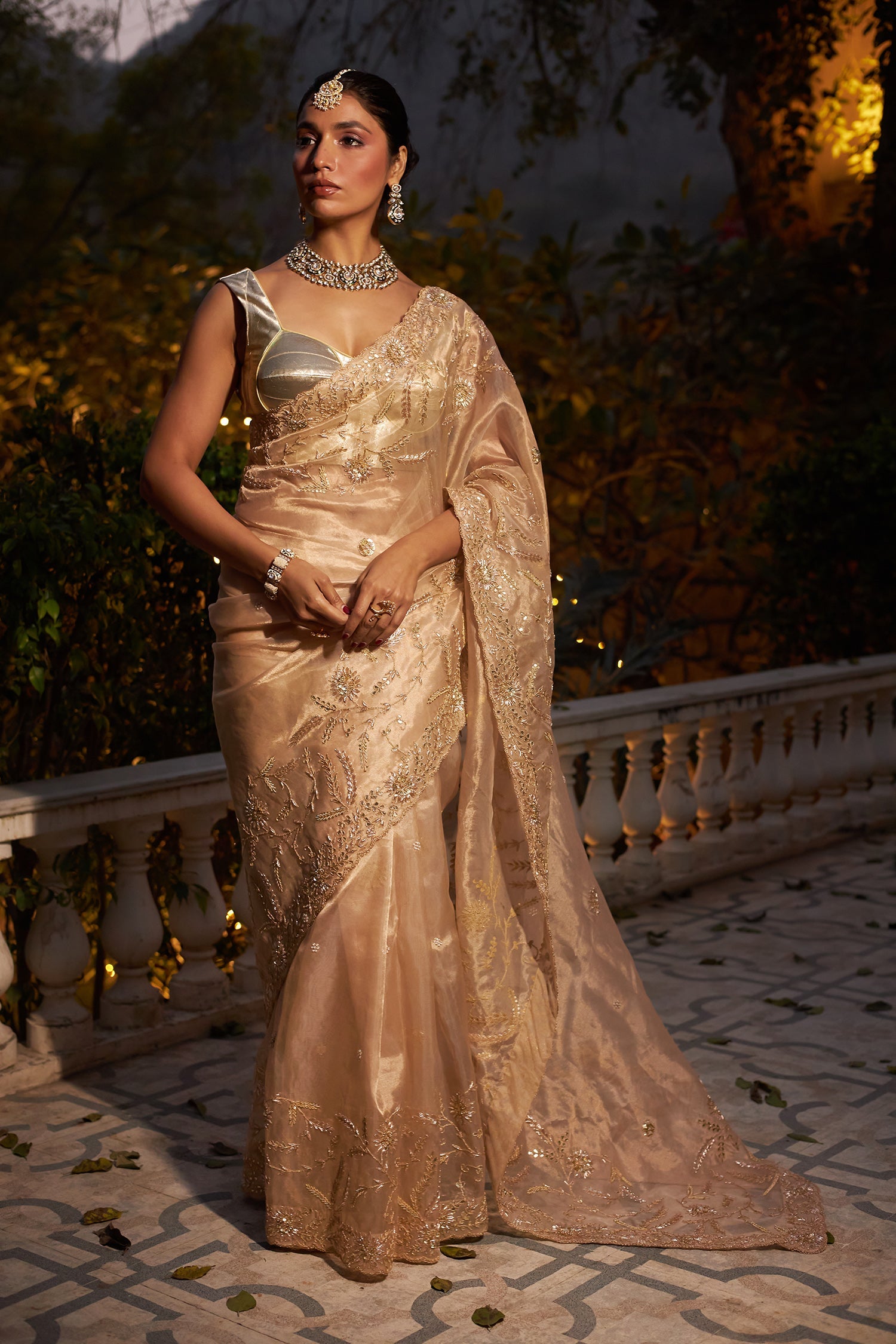 Luxurious Tissue Saree with Detailed Zardozi and Gota Patti Jaal Work