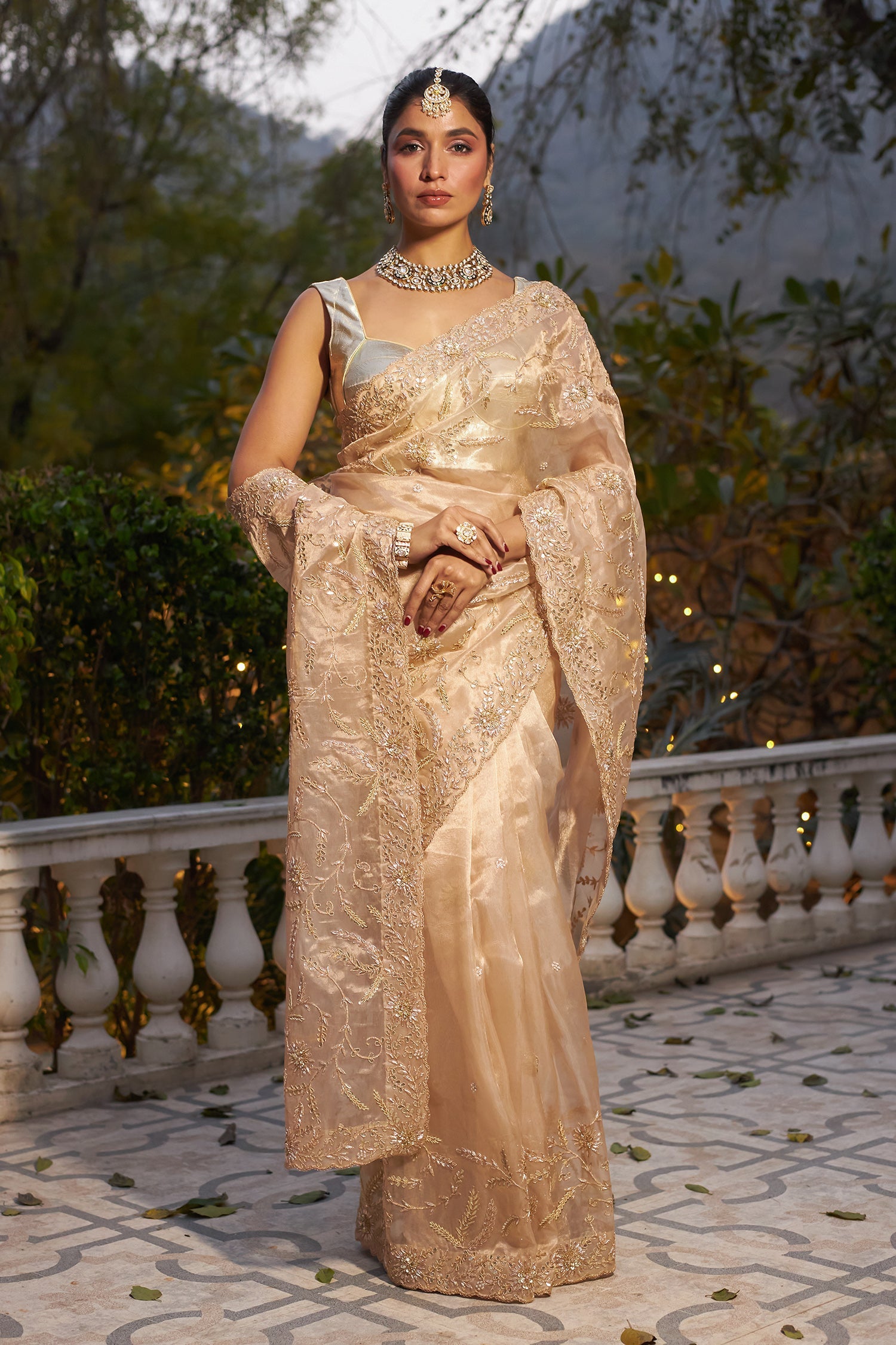 Luxurious Tissue Saree with Detailed Zardozi and Gota Patti Jaal Work