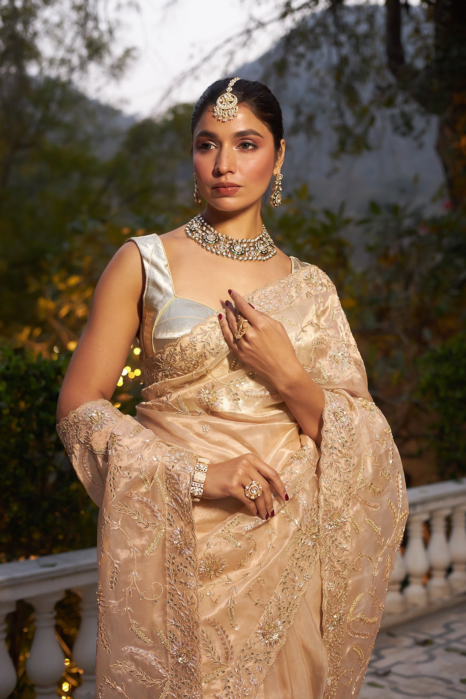 Luxurious Tissue Saree with Detailed Zardozi and Gota Patti Jaal Work