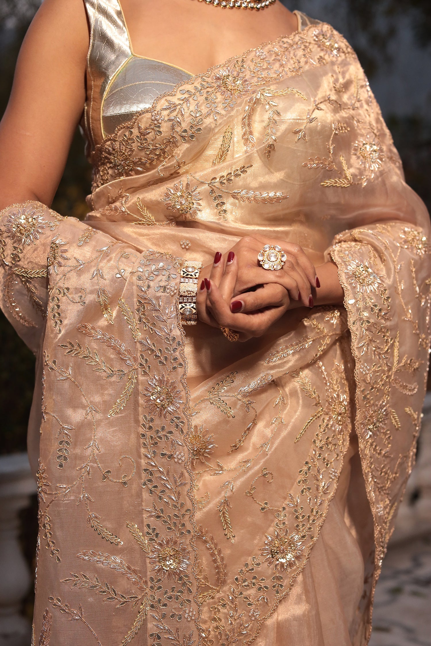 Luxurious Tissue Saree with Detailed Zardozi and Gota Patti Jaal Work