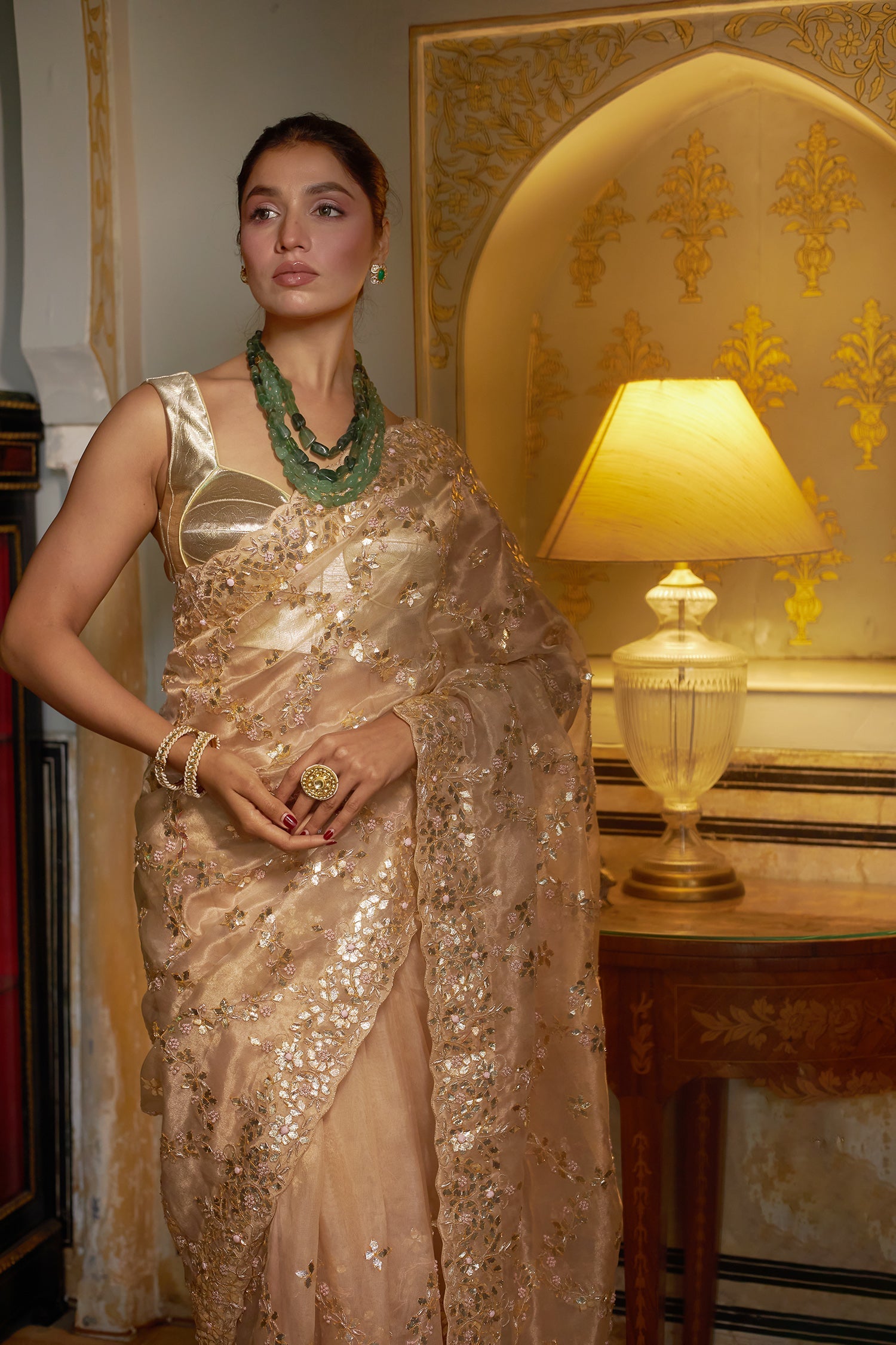 Tissue Saree with Gota Patti, Thread and Zardozi work