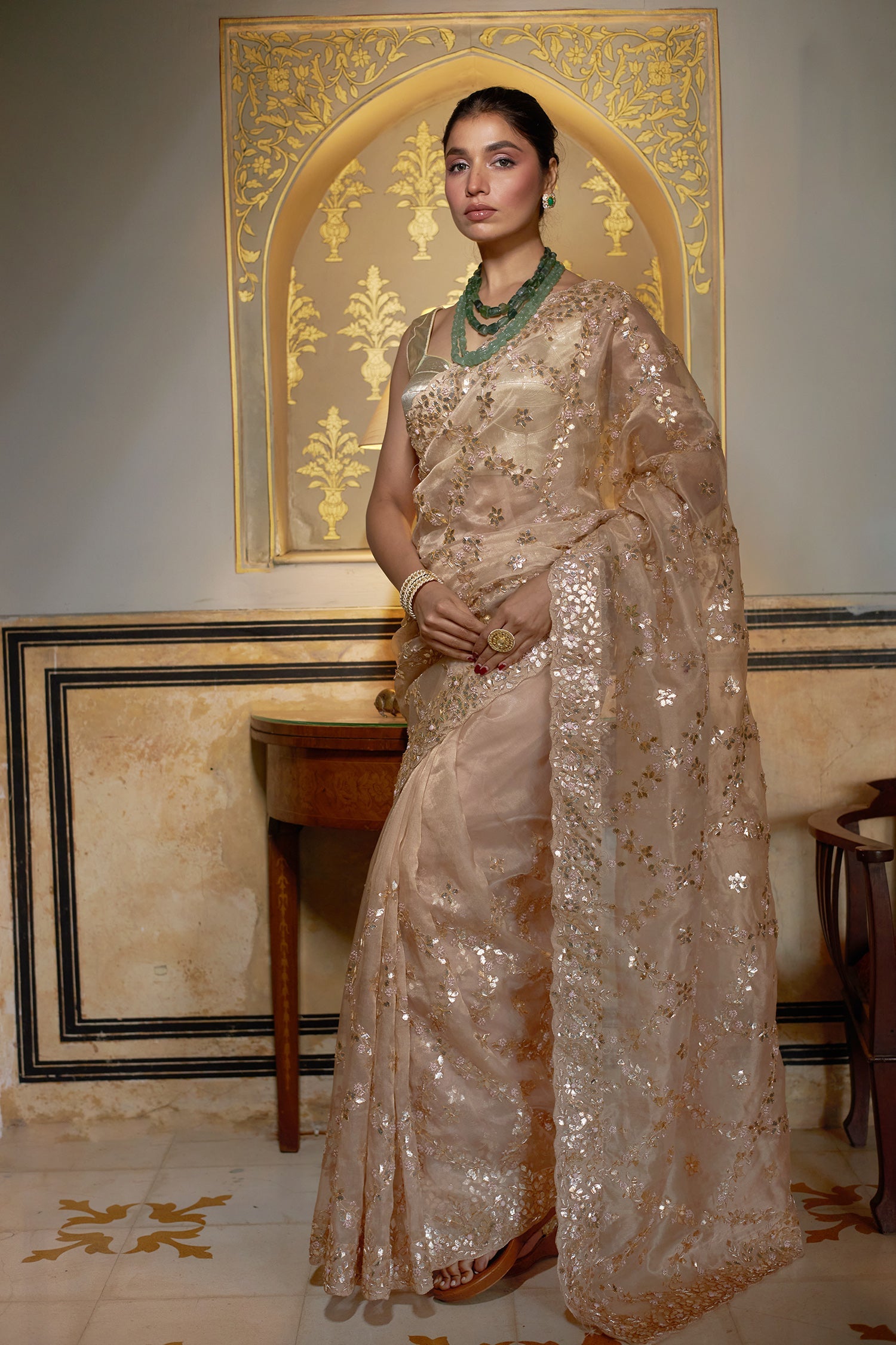 Tissue Saree with Gota Patti, Thread and Zardozi work