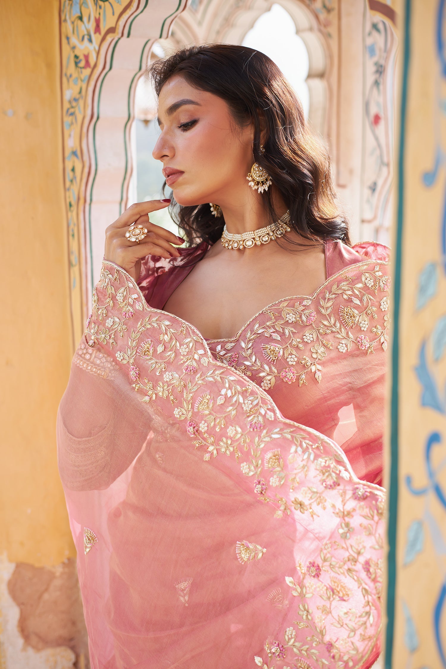 Tissue Saree with Dori, Gota Patti and Zardozi work