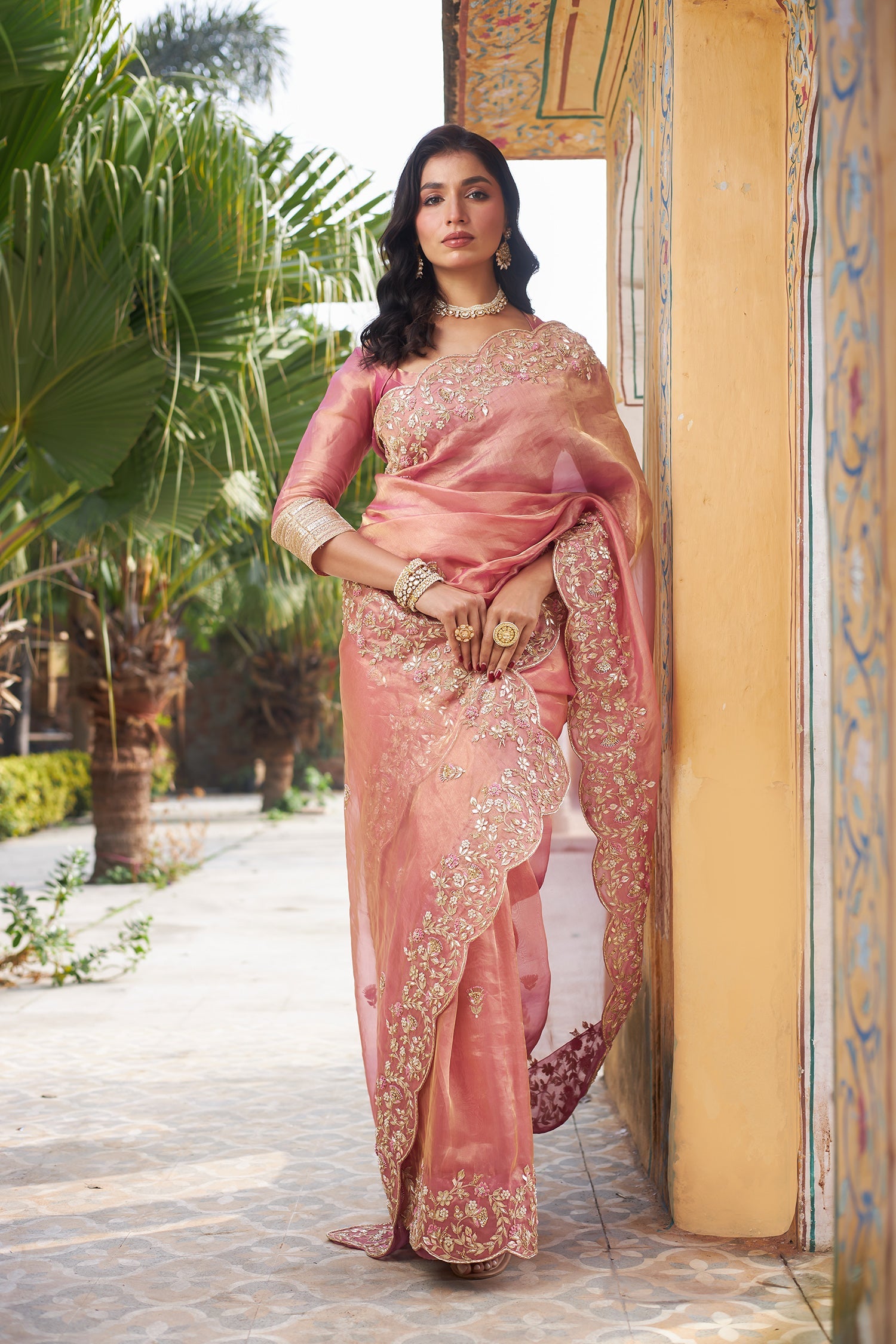 Tissue Saree with Dori, Gota Patti and Zardozi work