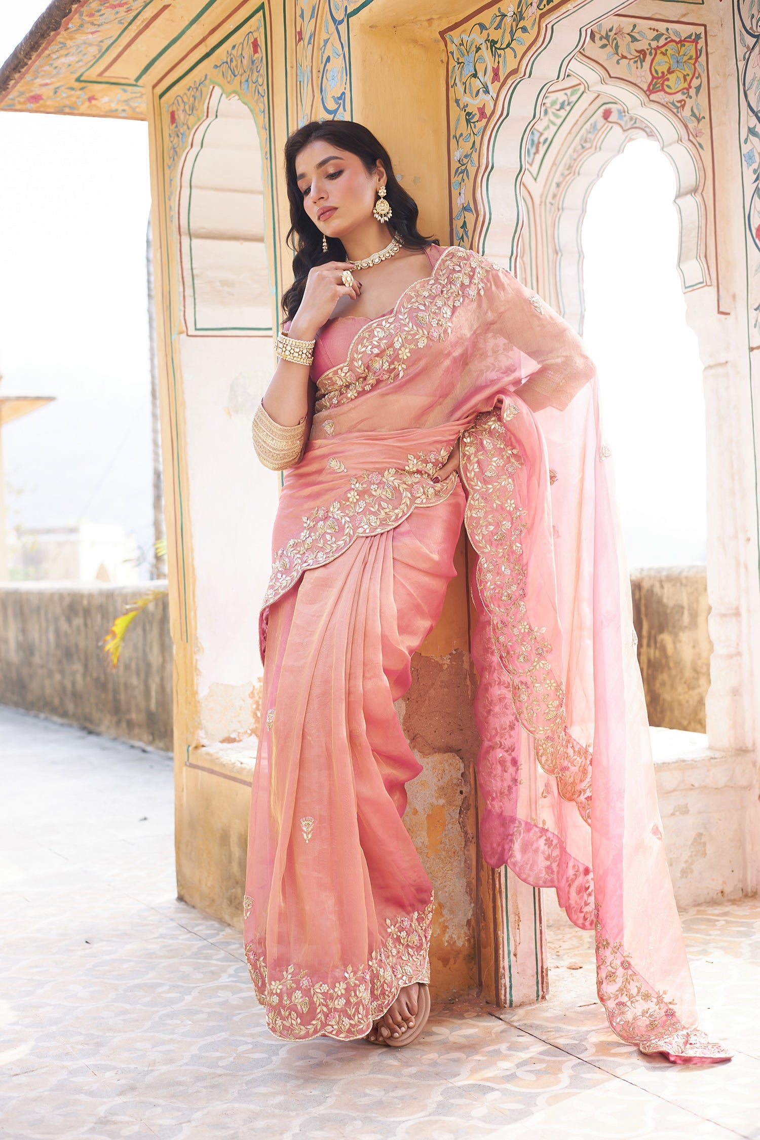 Tissue Saree with Dori, Gota Patti and Zardozi work