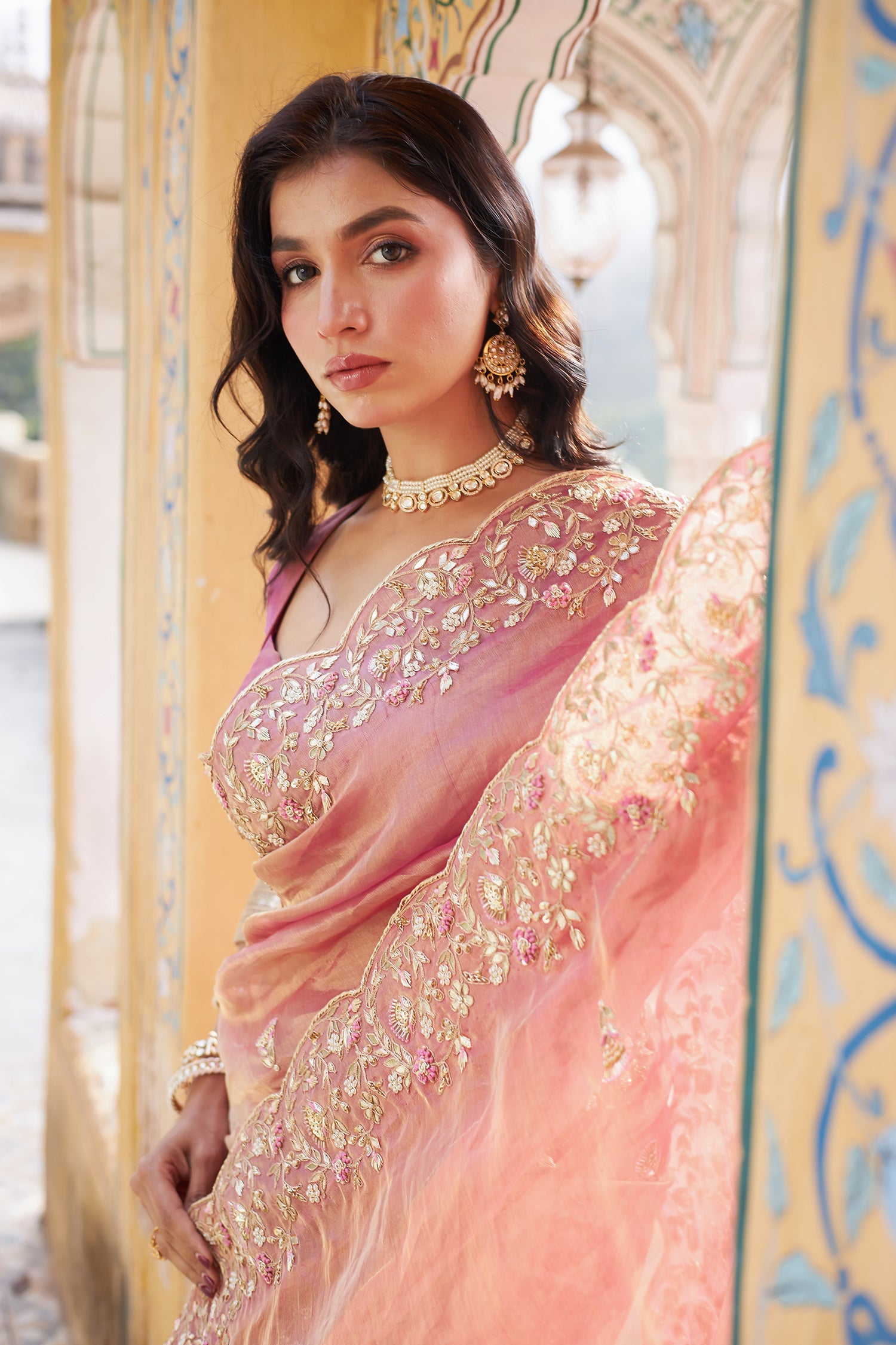 Tissue Saree with Dori, Gota Patti and Zardozi work