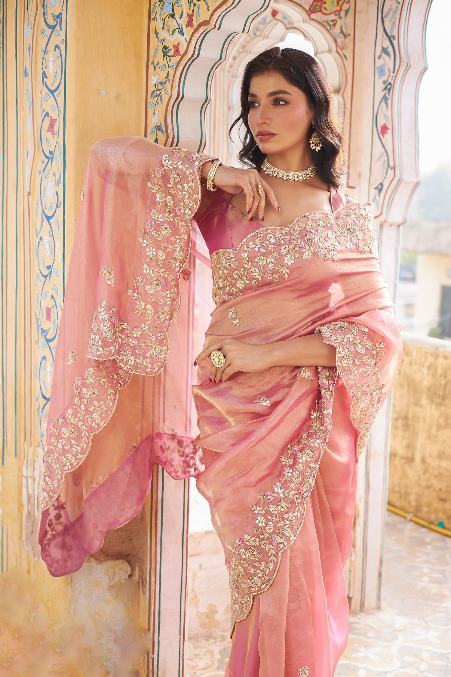 Tissue Saree with Dori, Gota Patti and Zardozi work