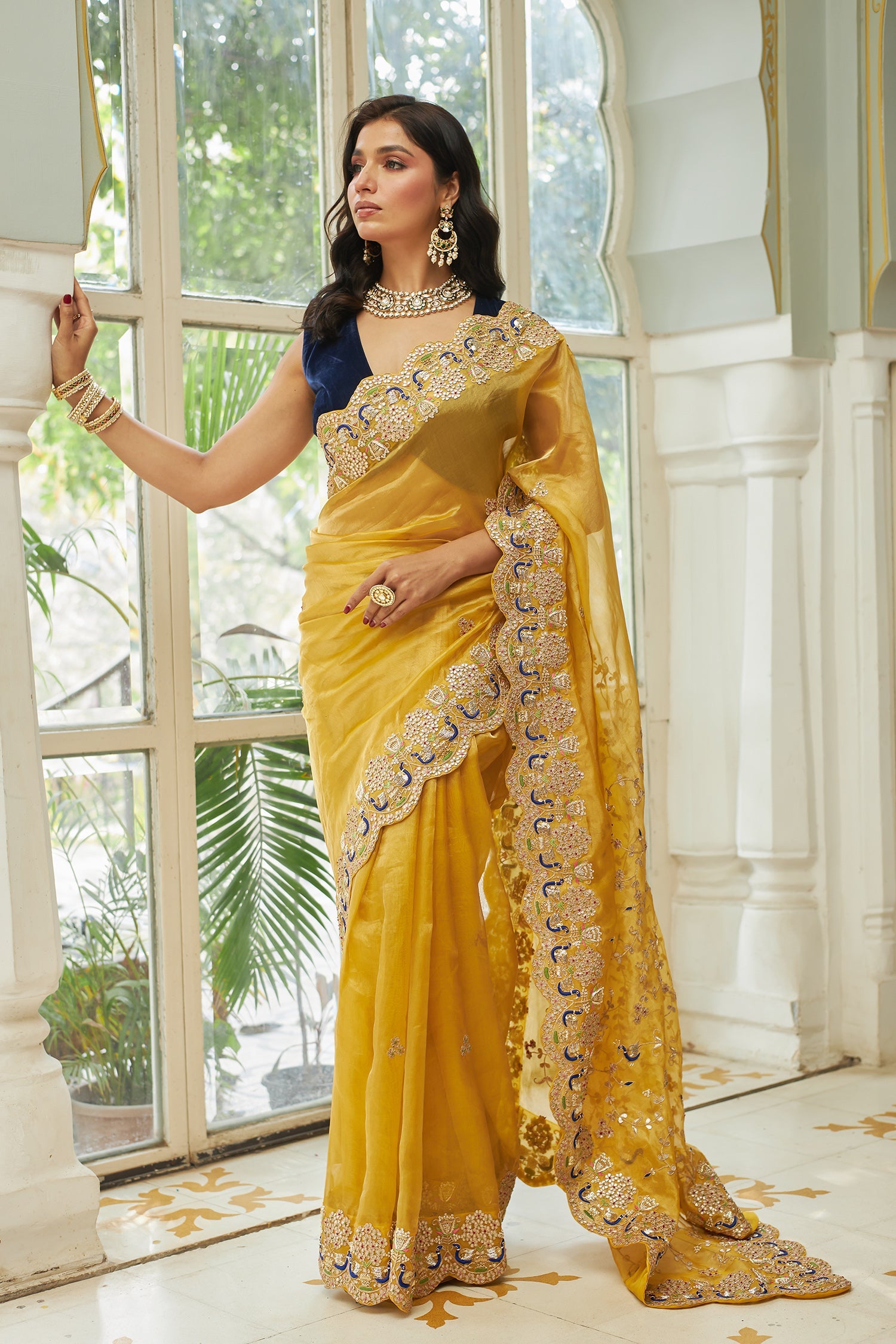 Peacock Inspired Gate Tissue Saree with Gota Patti, Thread and Zardozi work