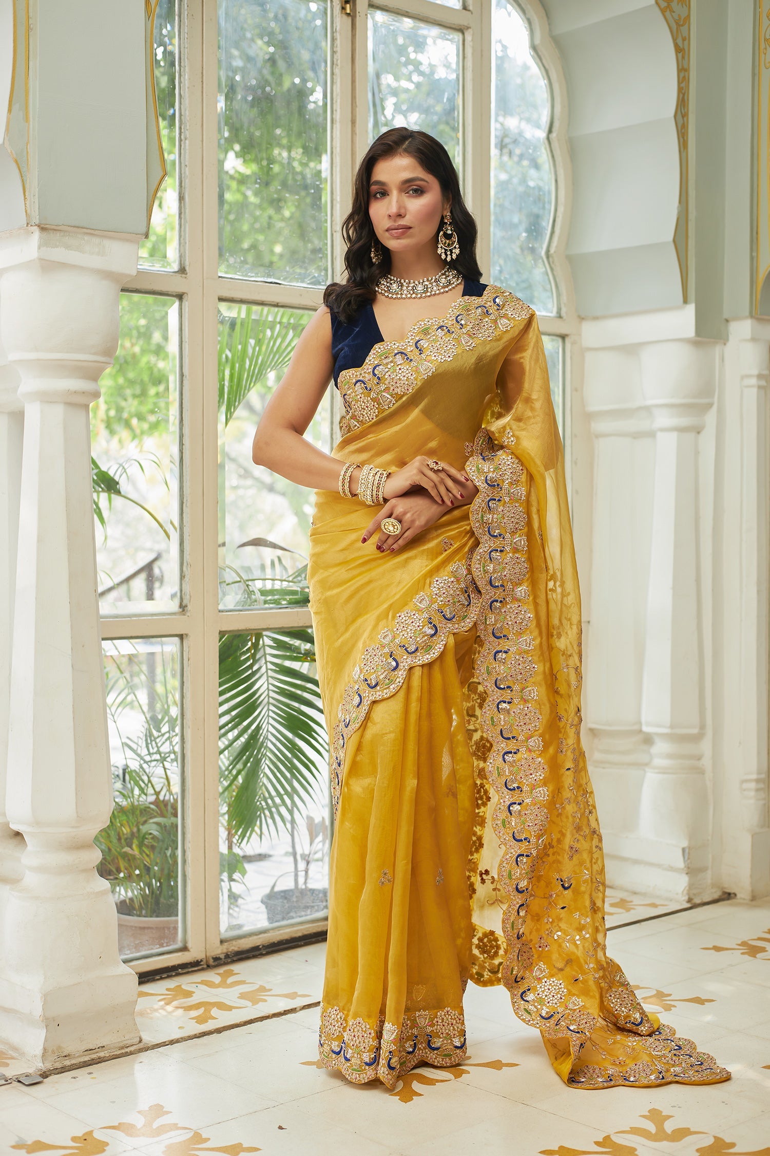 Peacock Inspired Gate Tissue Saree with Gota Patti, Thread and Zardozi work