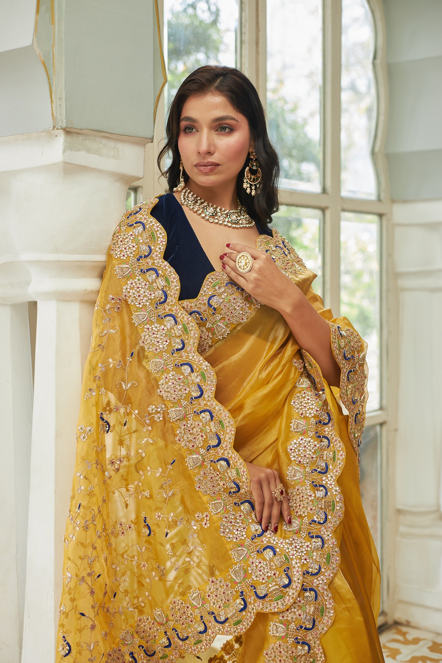 Peacock Inspired Gate Tissue Saree with Gota Patti, Thread and Zardozi work