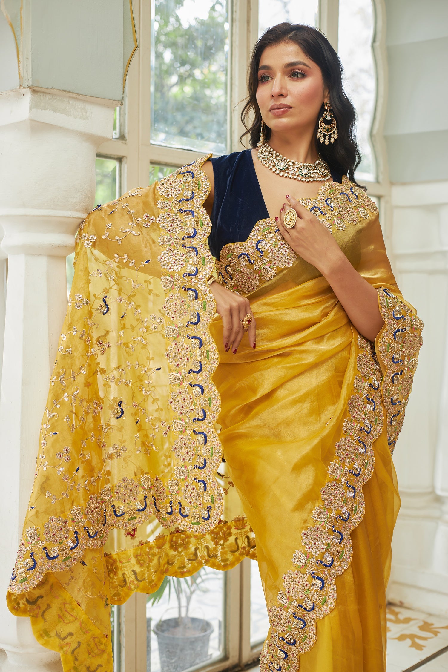 Peacock Inspired Gate Tissue Saree with Gota Patti, Thread and Zardozi work