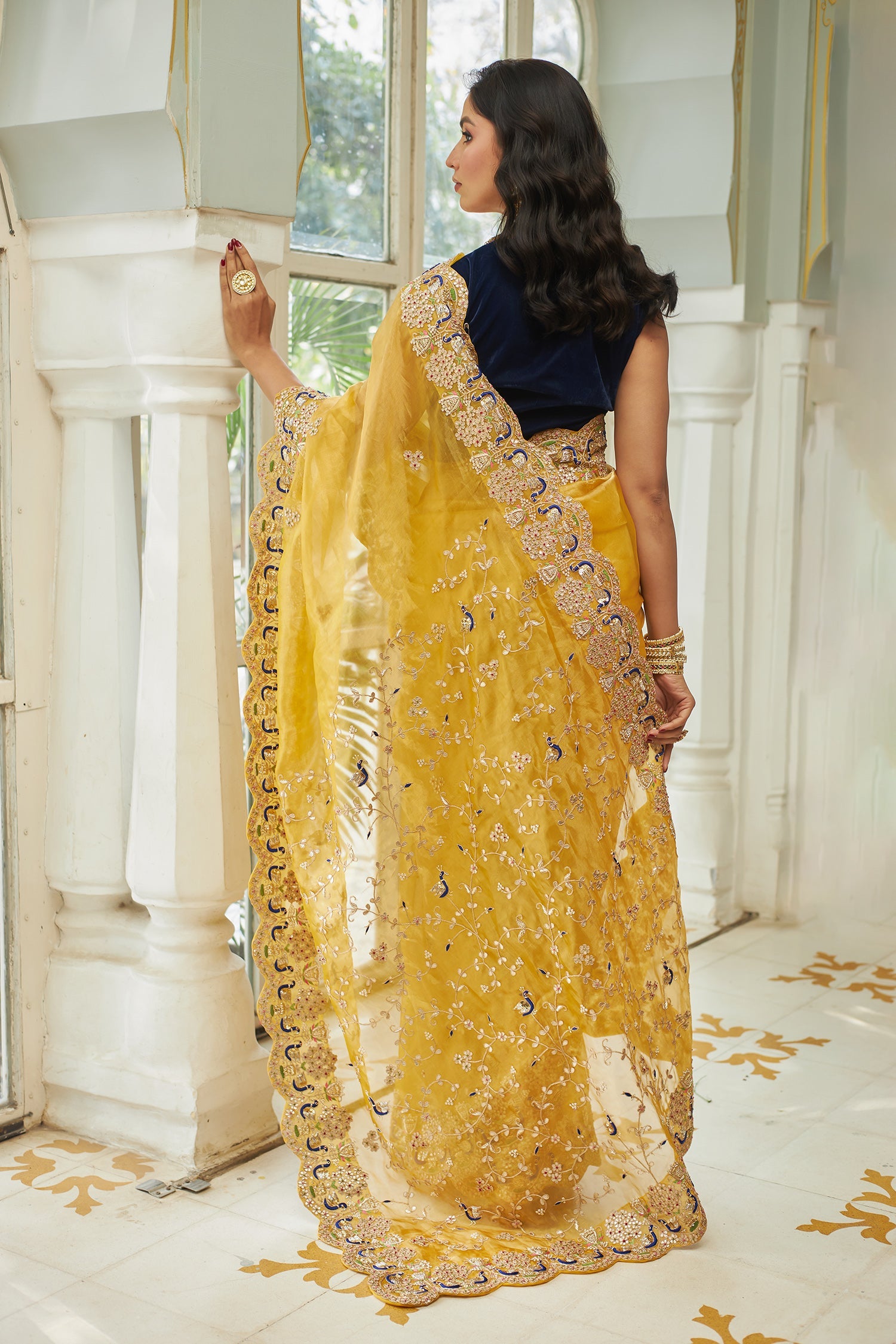 Peacock Inspired Gate Tissue Saree with Gota Patti, Thread and Zardozi work