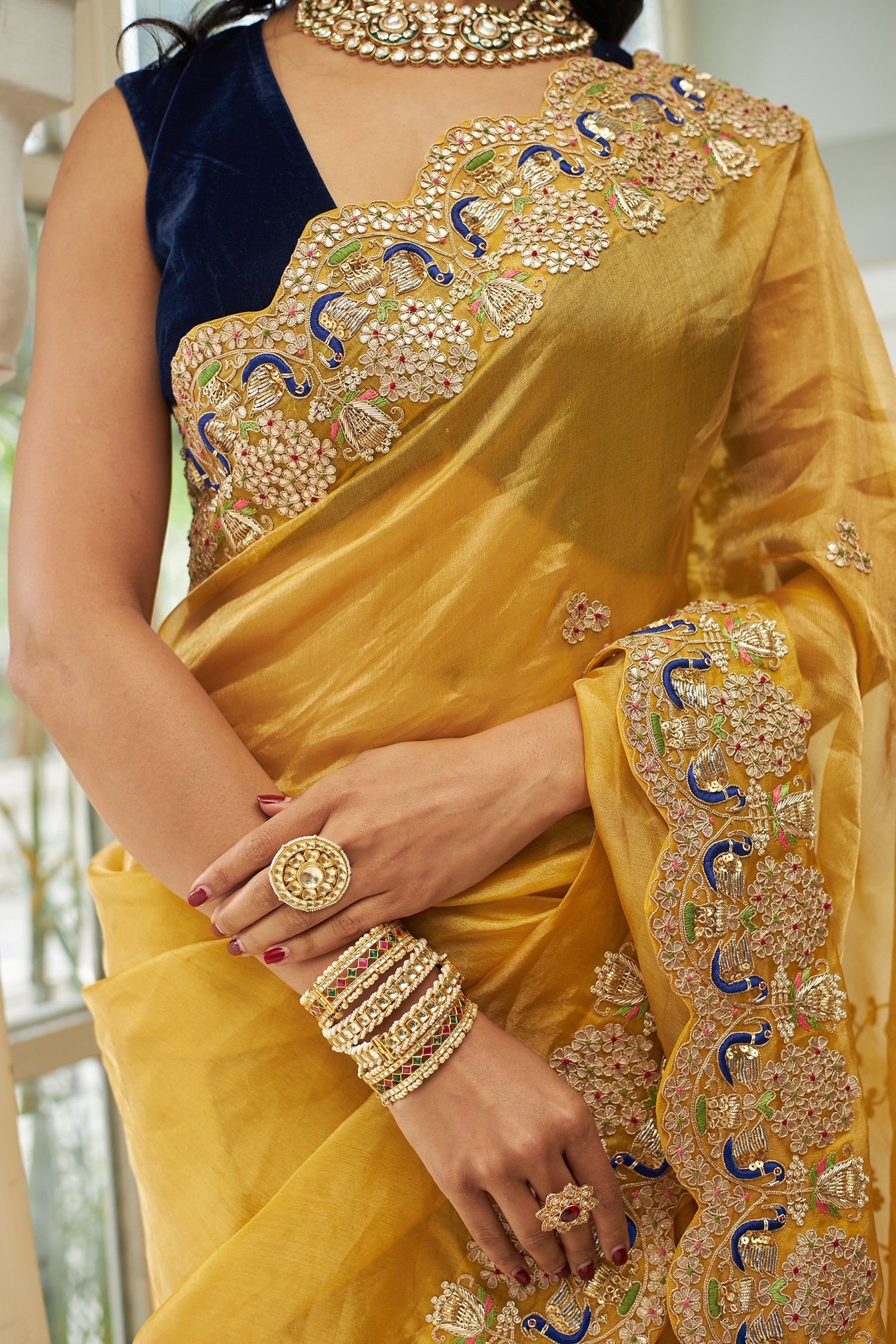 Peacock Inspired Gate Tissue Saree with Gota Patti, Thread and Zardozi work