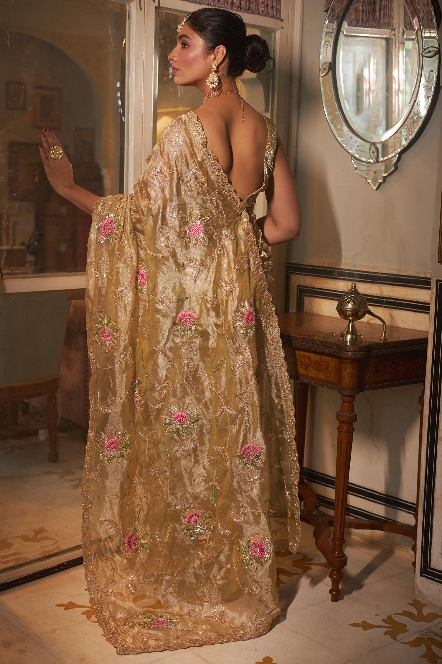 Flower Embroidered Tissue Saree with Thread and Zardozi work