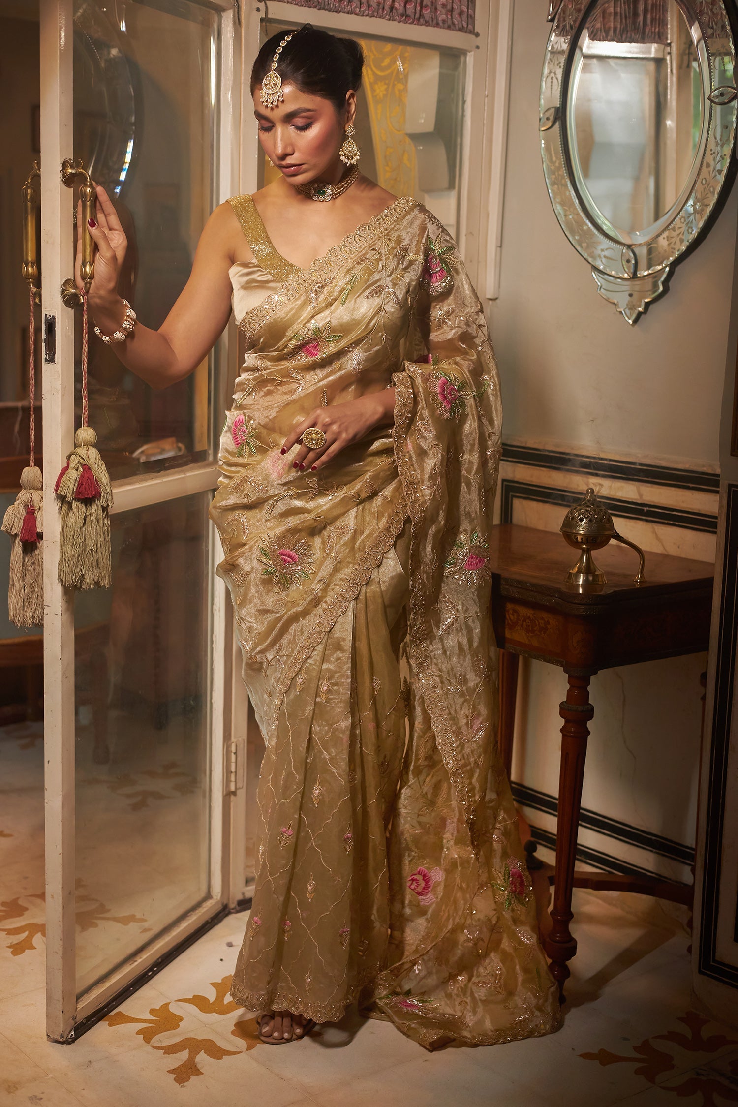 Flower Embroidered Tissue Saree with Thread and Zardozi work