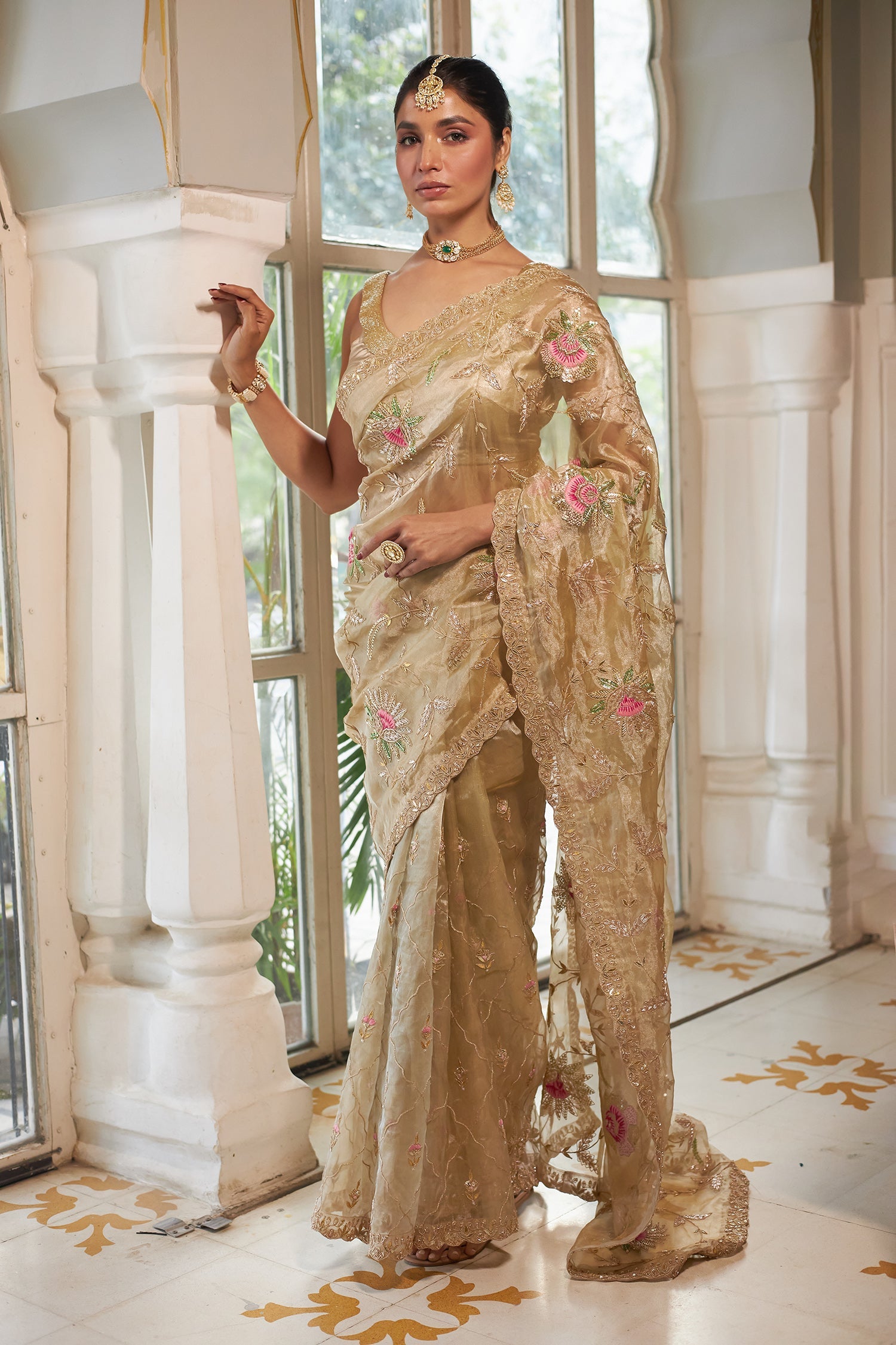 Flower Embroidered Tissue Saree with Thread and Zardozi work