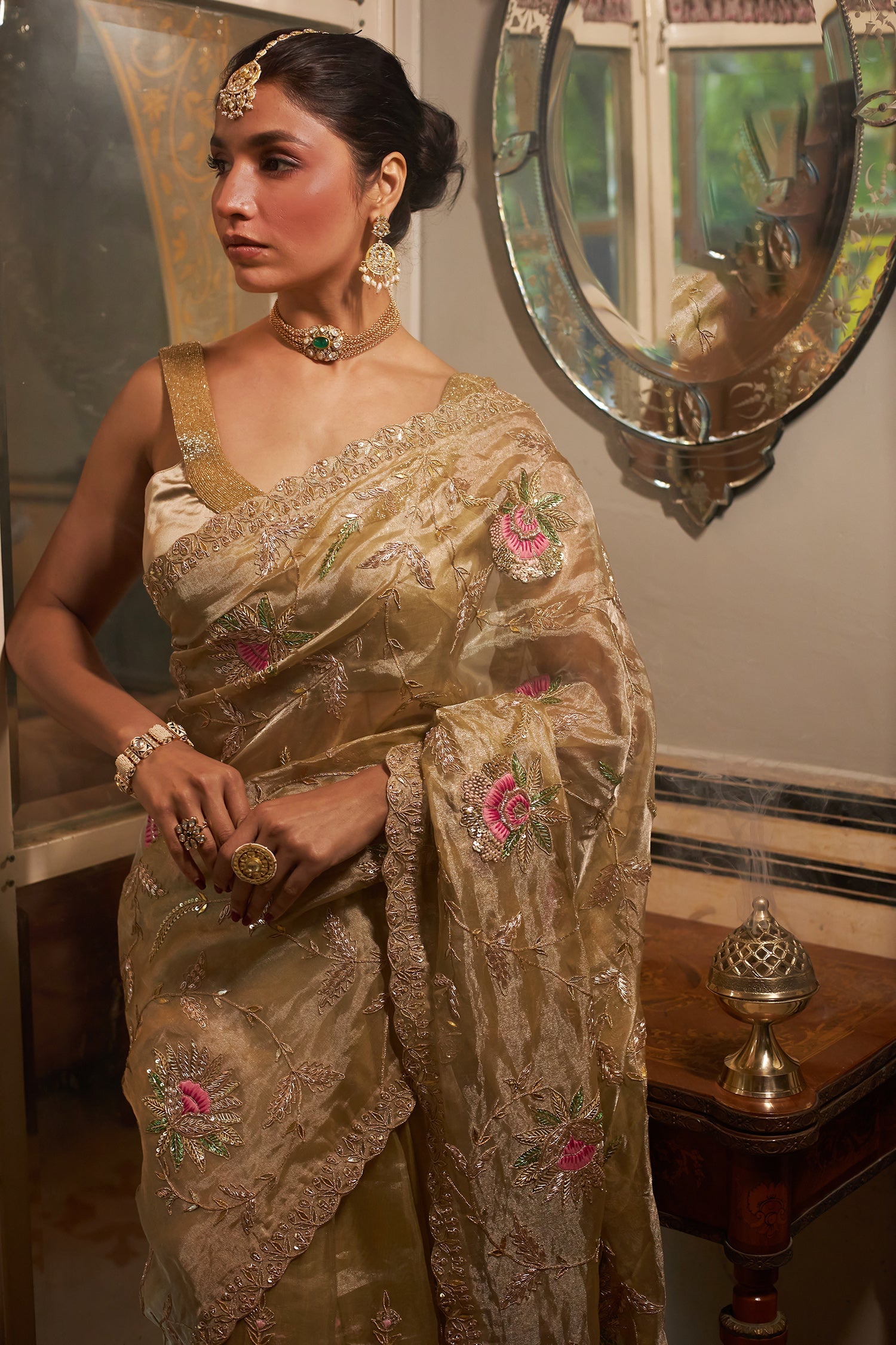 Flower Embroidered Tissue Saree with Thread and Zardozi work