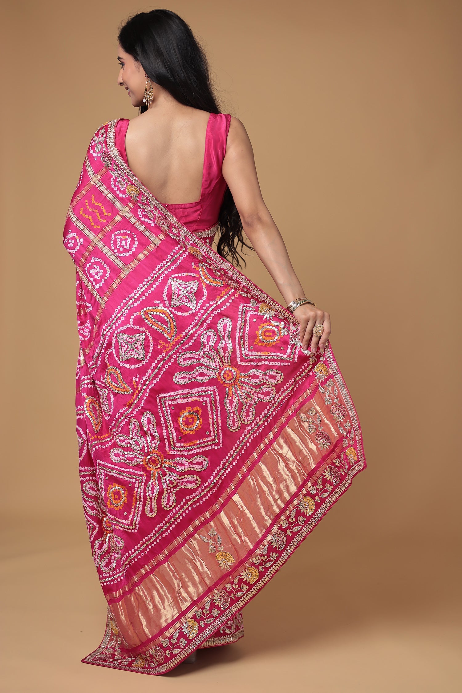 Bandhej Gajji Silk Saree with Gota Patti, Thread and Zardozi work