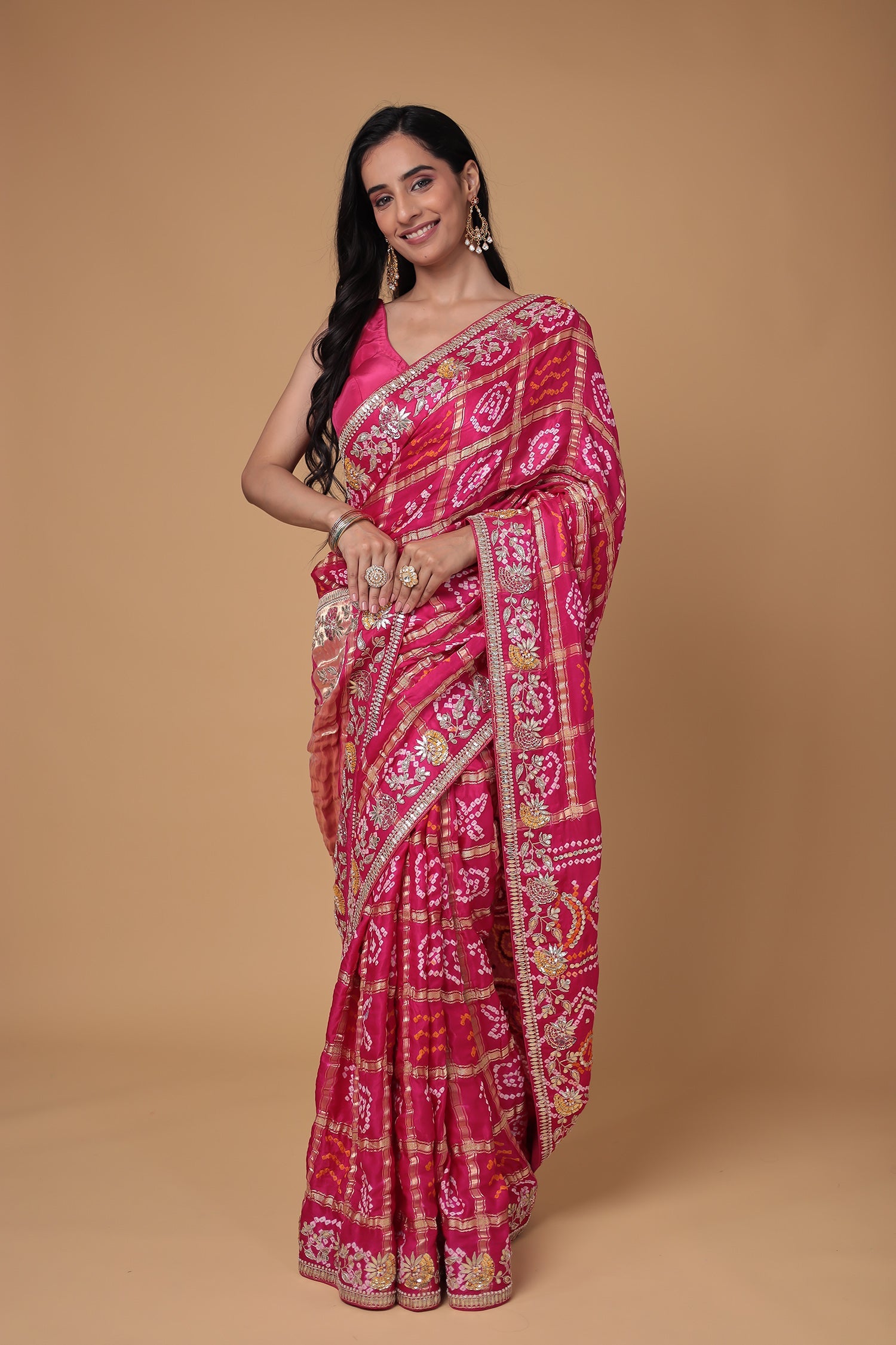 Bandhej Gajji Silk Saree with Gota Patti, Thread and Zardozi work