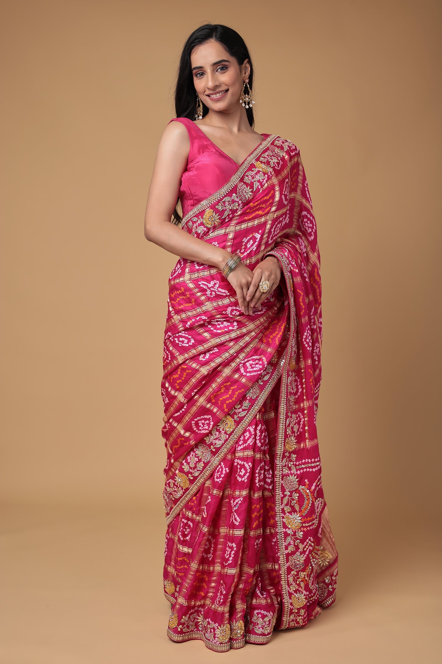 Bandhej Gajji Silk Saree with Gota Patti, Thread and Zardozi work