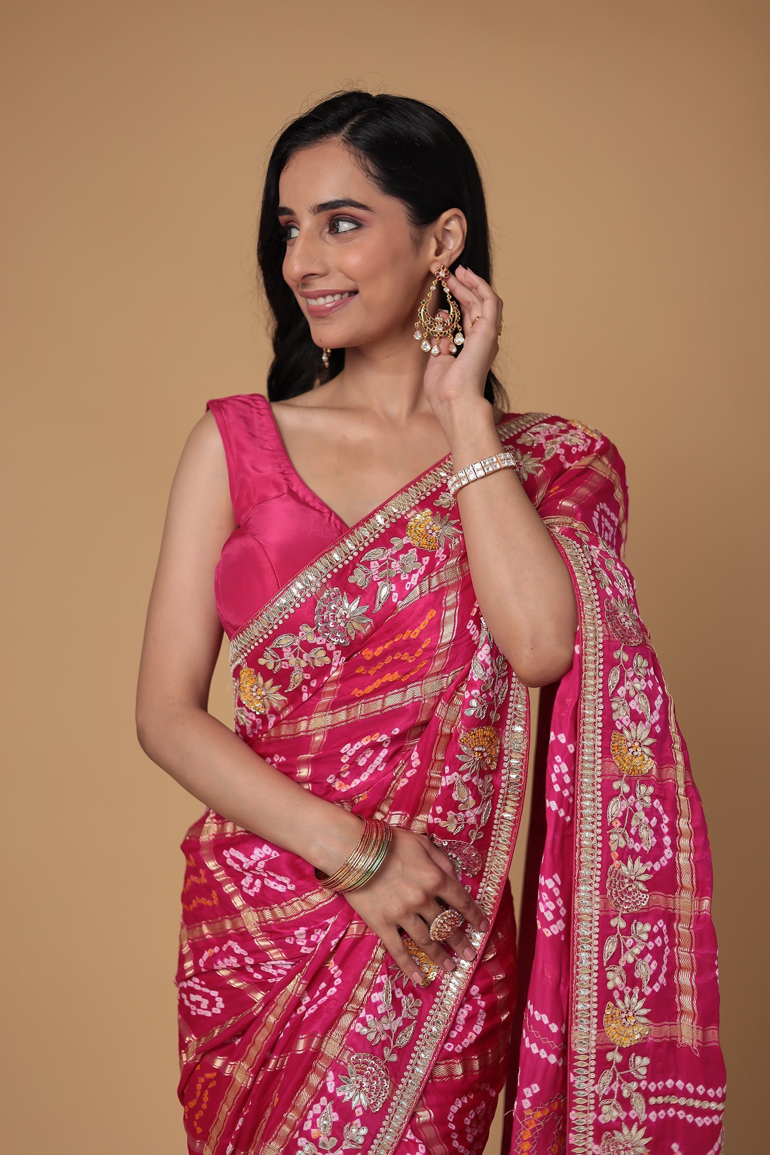 Bandhej Gajji Silk Saree with Gota Patti, Thread and Zardozi work
