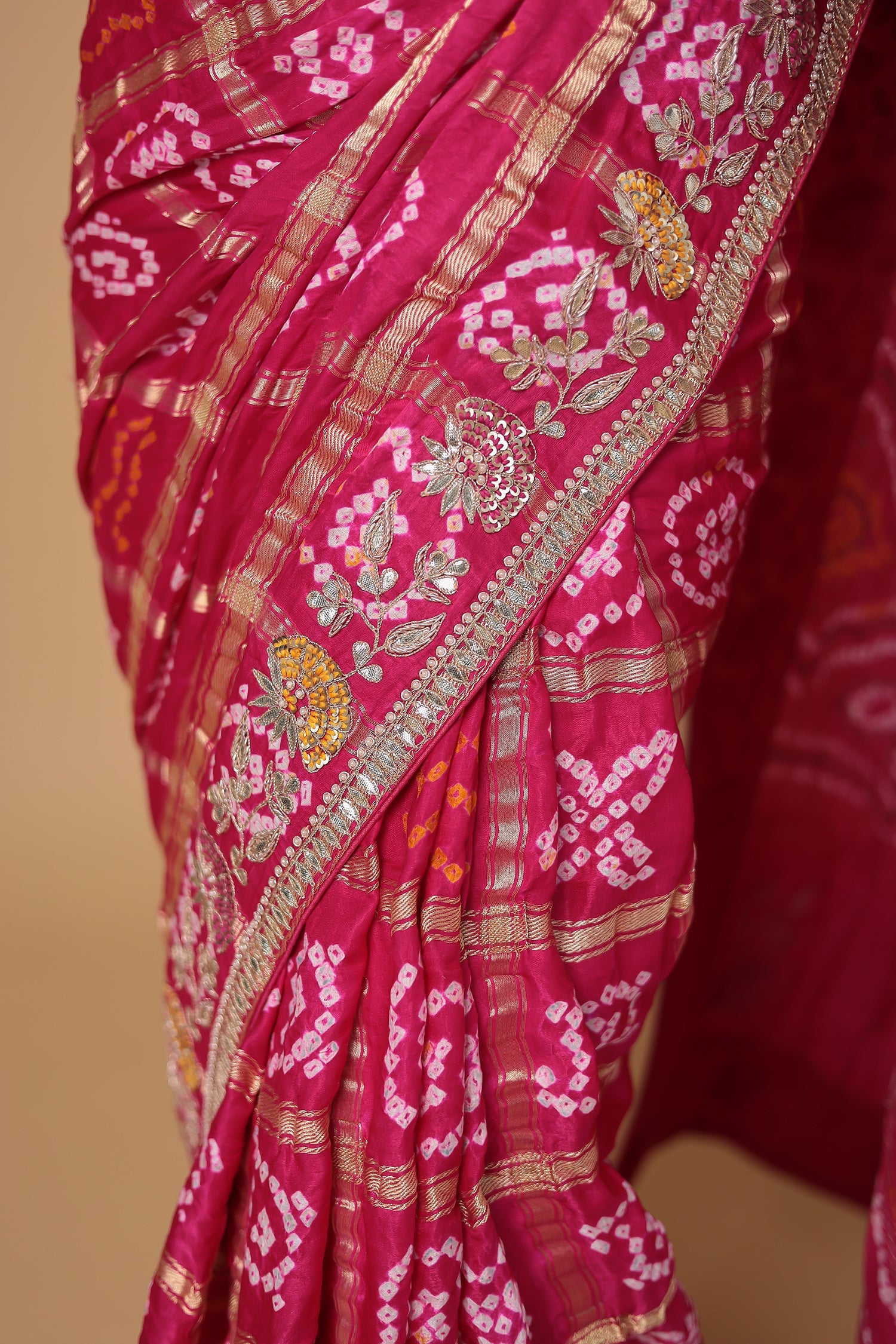 Bandhej Gajji Silk Saree with Gota Patti, Thread and Zardozi work