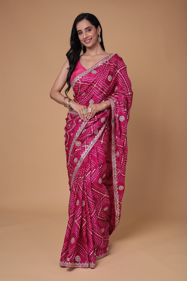 Bandhej Gajji Silk Saree with Dori and Gota Patti work