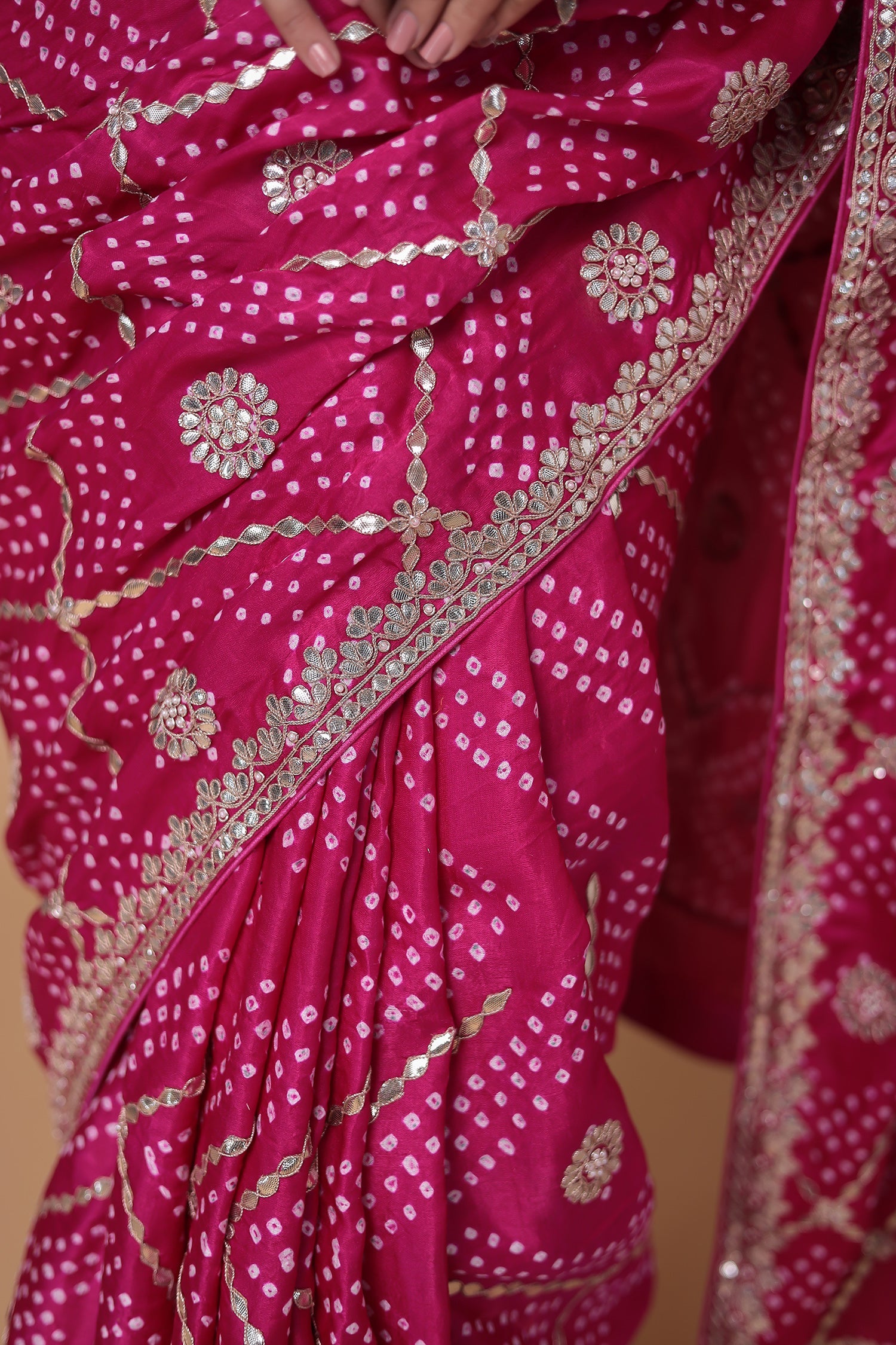 Bandhej Gajji Silk Saree with Dori and Gota Patti work