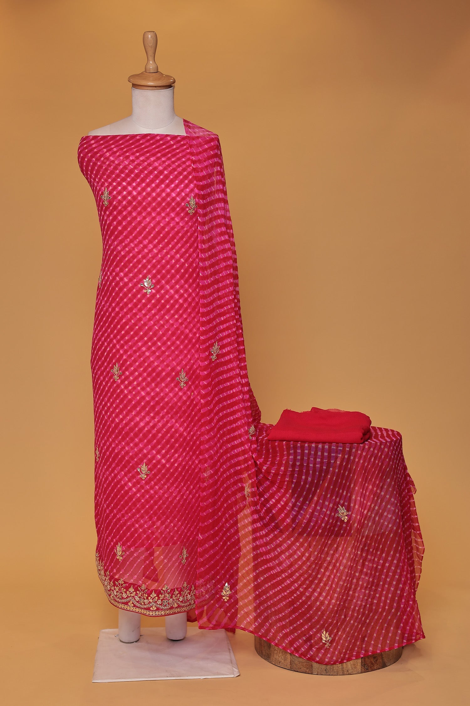 Leheriya Chinon Unstitched Suit with Dori and Gota Patti work