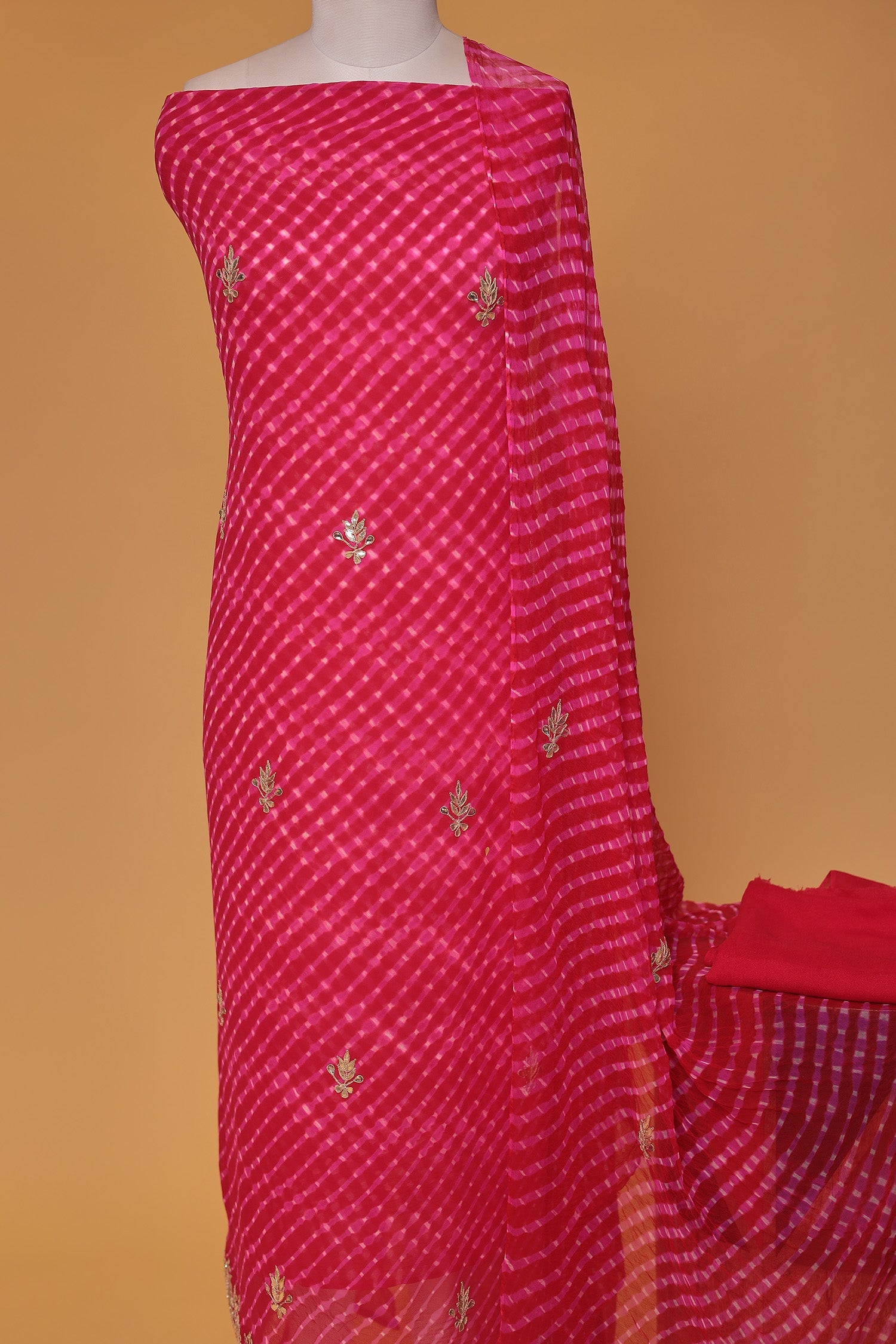 Leheriya Chinon Unstitched Suit with Dori and Gota Patti work