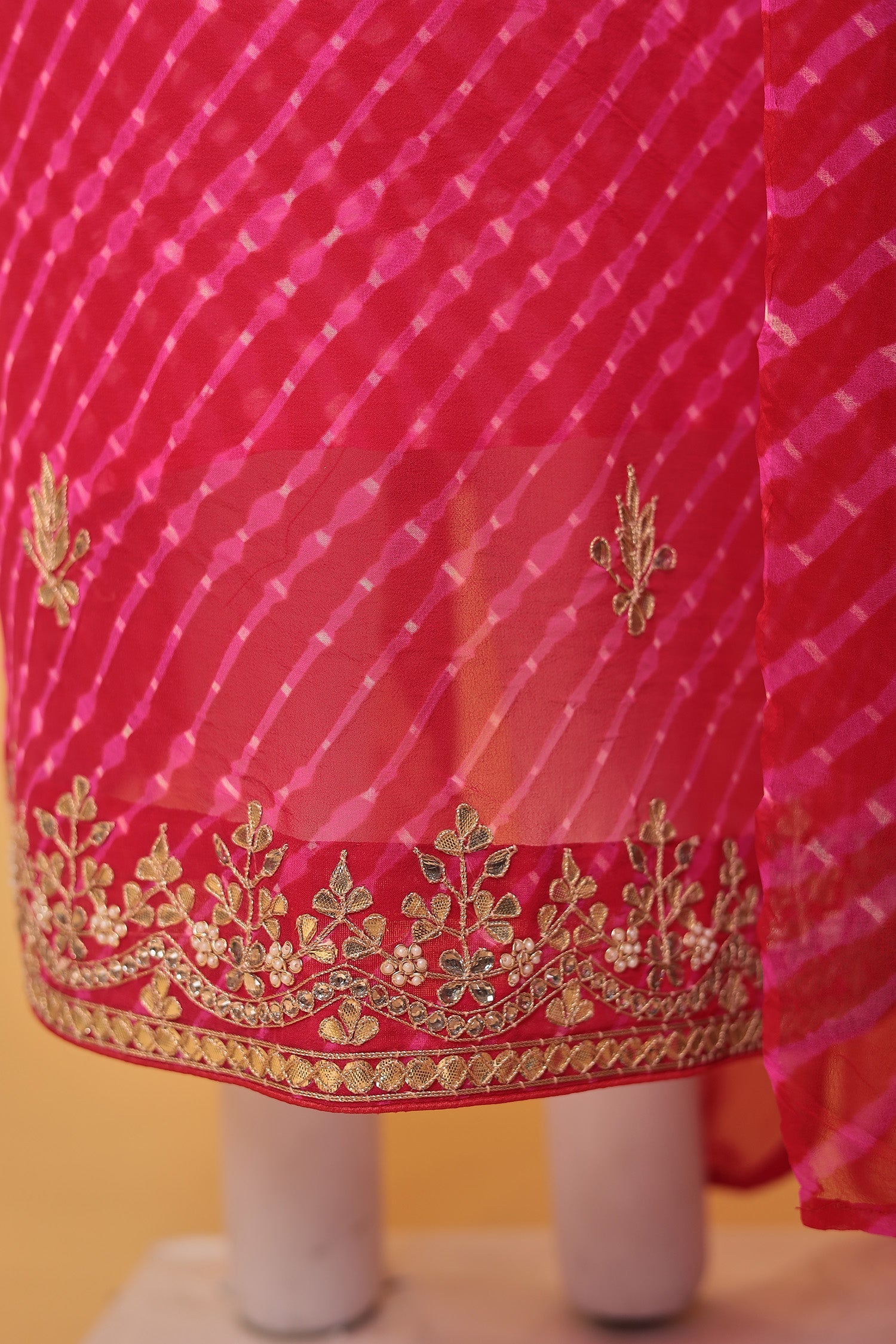 Leheriya Chinon Unstitched Suit with Dori and Gota Patti work