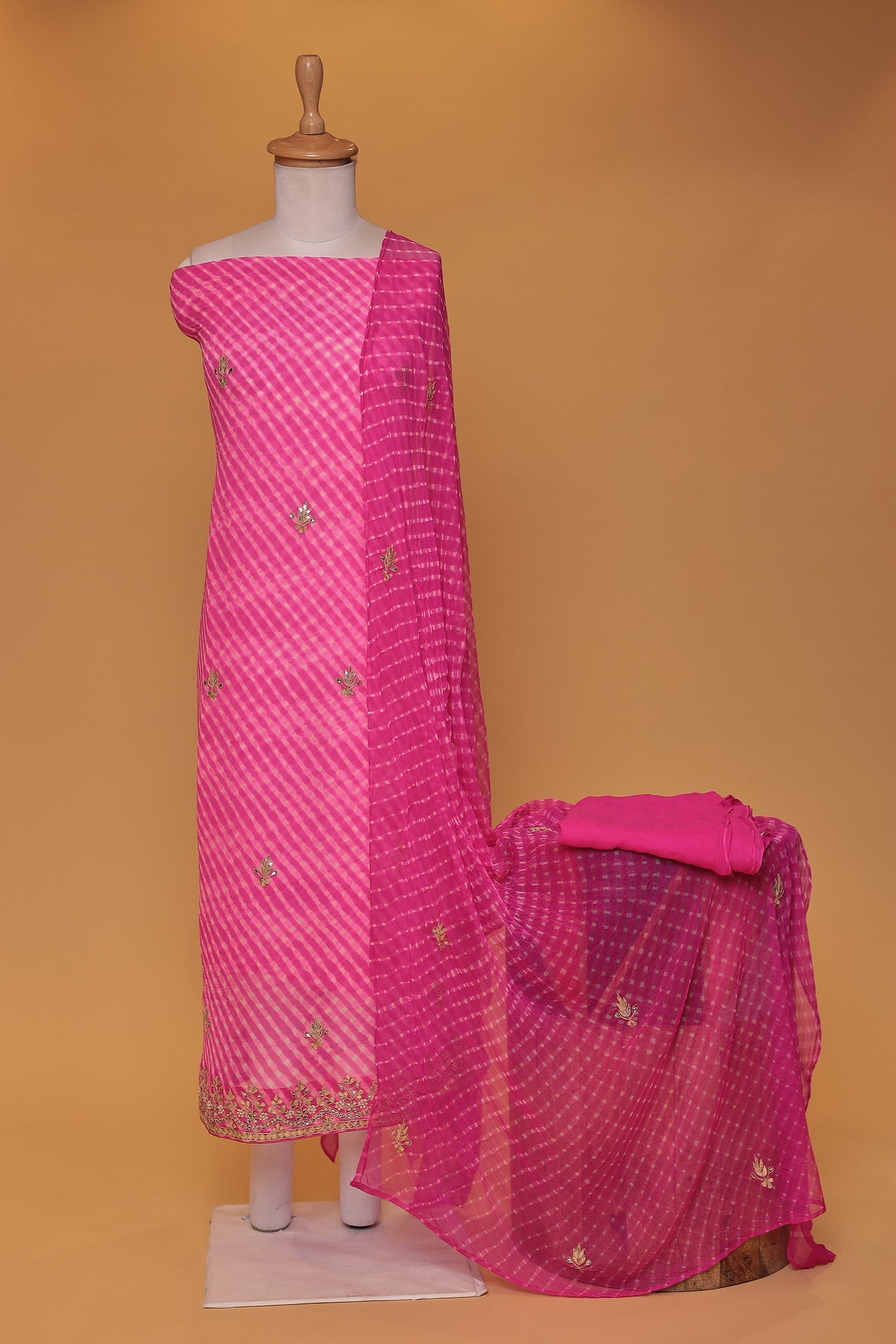 Leheriya Chinon Unstitched Suit with Dori and Gota Patti work