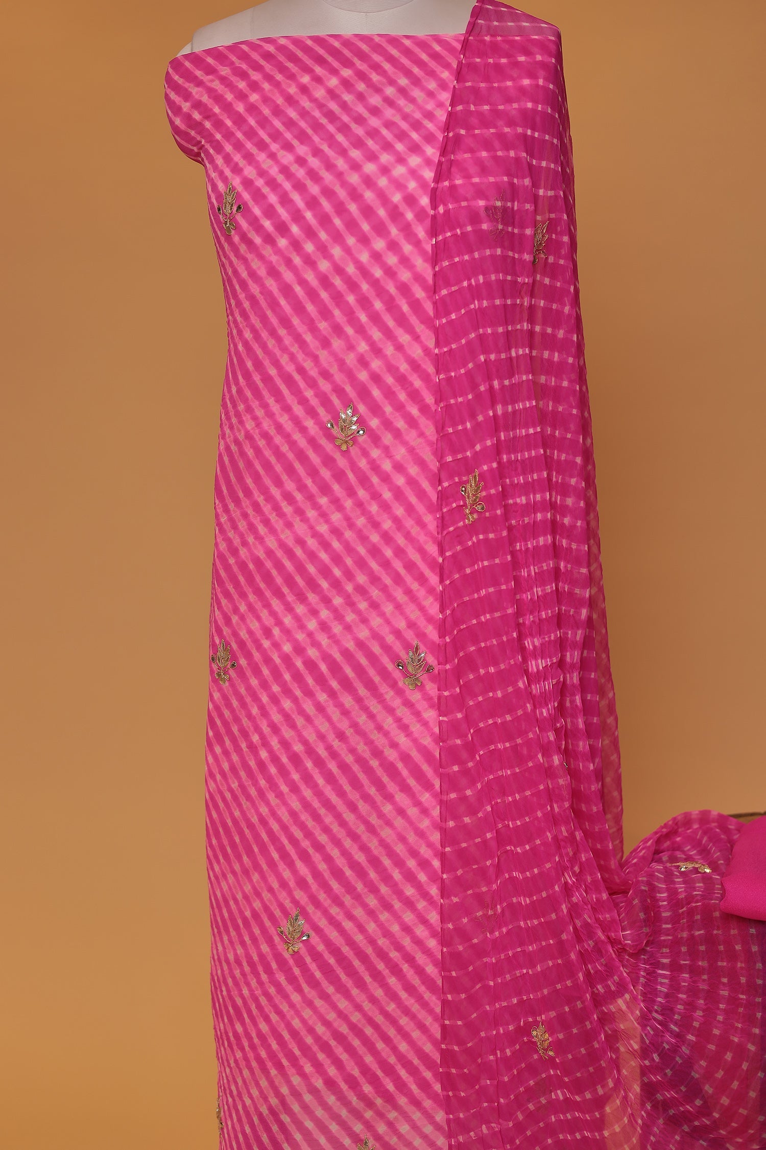 Leheriya Chinon Unstitched Suit with Dori and Gota Patti work