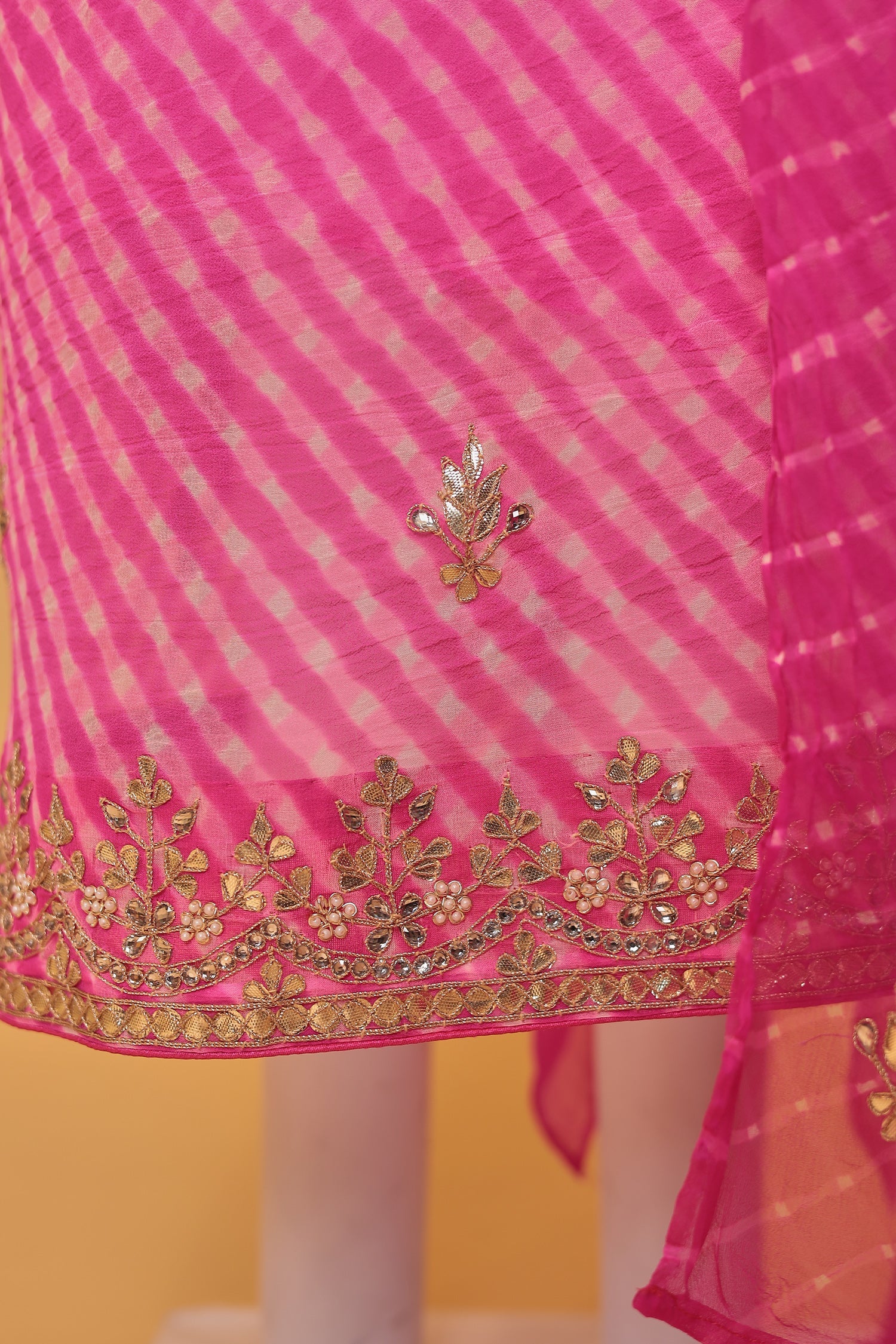 Leheriya Chinon Unstitched Suit with Dori and Gota Patti work